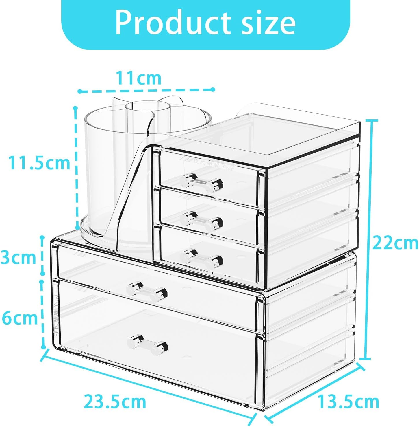 2-In-1 Acrylic Cosmetic Organiser with Rotating Brush Holder &ndash; Makeup Storage Box with Drawers for Vanity, Bathroom, or Dorm, Skincare & Beauty Supplies Holder