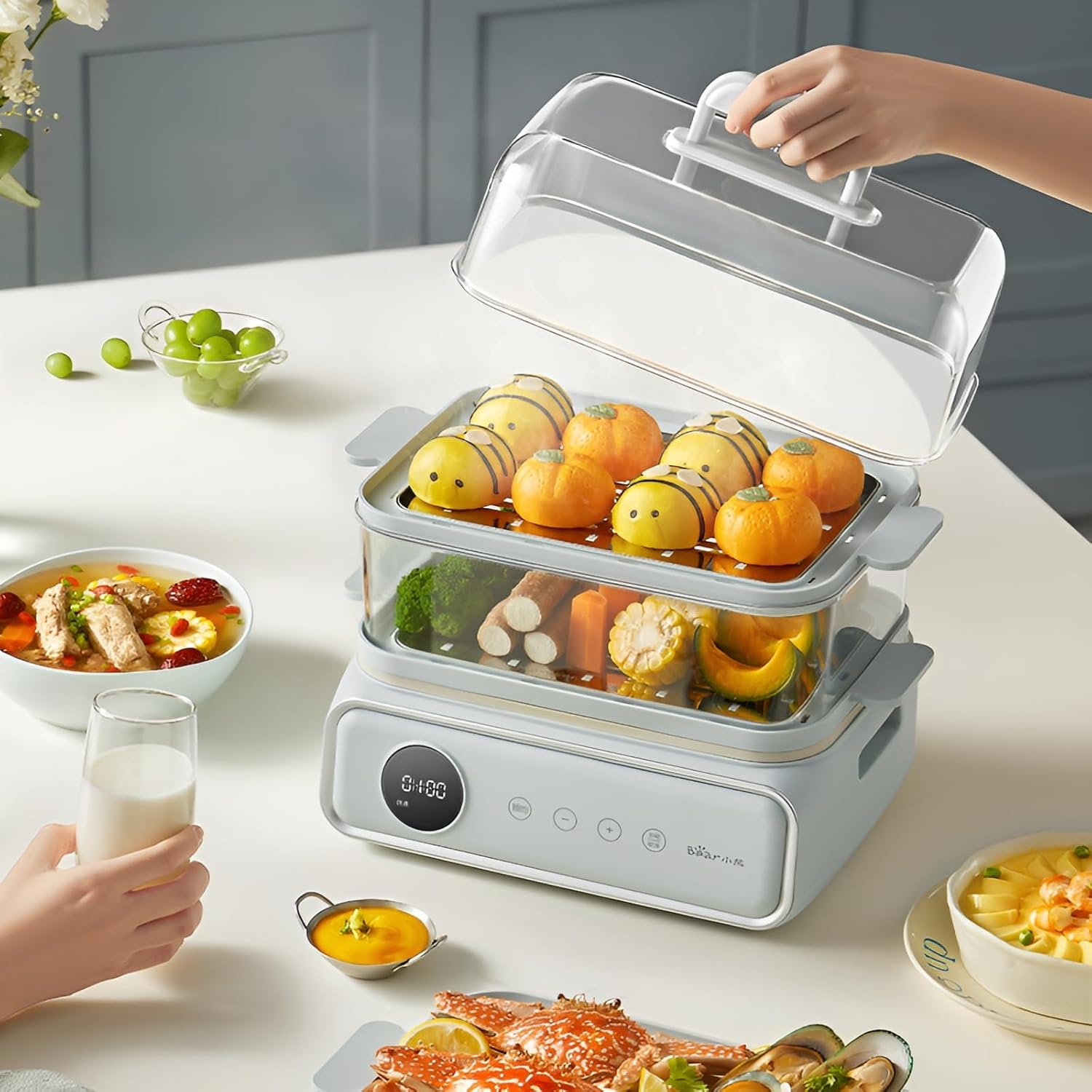 Multifunctional Electric Food Steamer 21.5L Large Capacity, with 3-Layer Steamer, 24H Reservation and Smart Timer, 1200W Fire Heating Stainless Steel Steamer，Blue - 3-Layer Blue image number 5