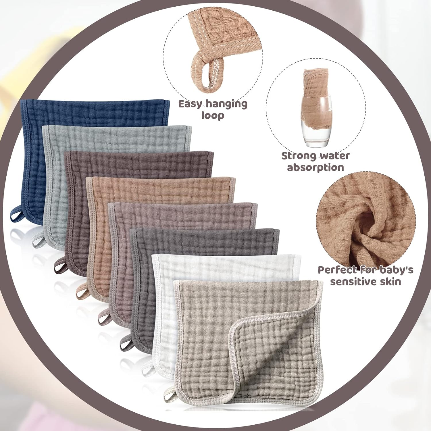 8 Packs Muslin Burp Cloths Large 20" X 10", 6 Layers Unisex Baby Absorbent 100% Cotton Burp Rags Colorful Muslin Washcloths for Baby Plain Soft Cotton Cloth for Babies Girls Boys(Warm Colors)