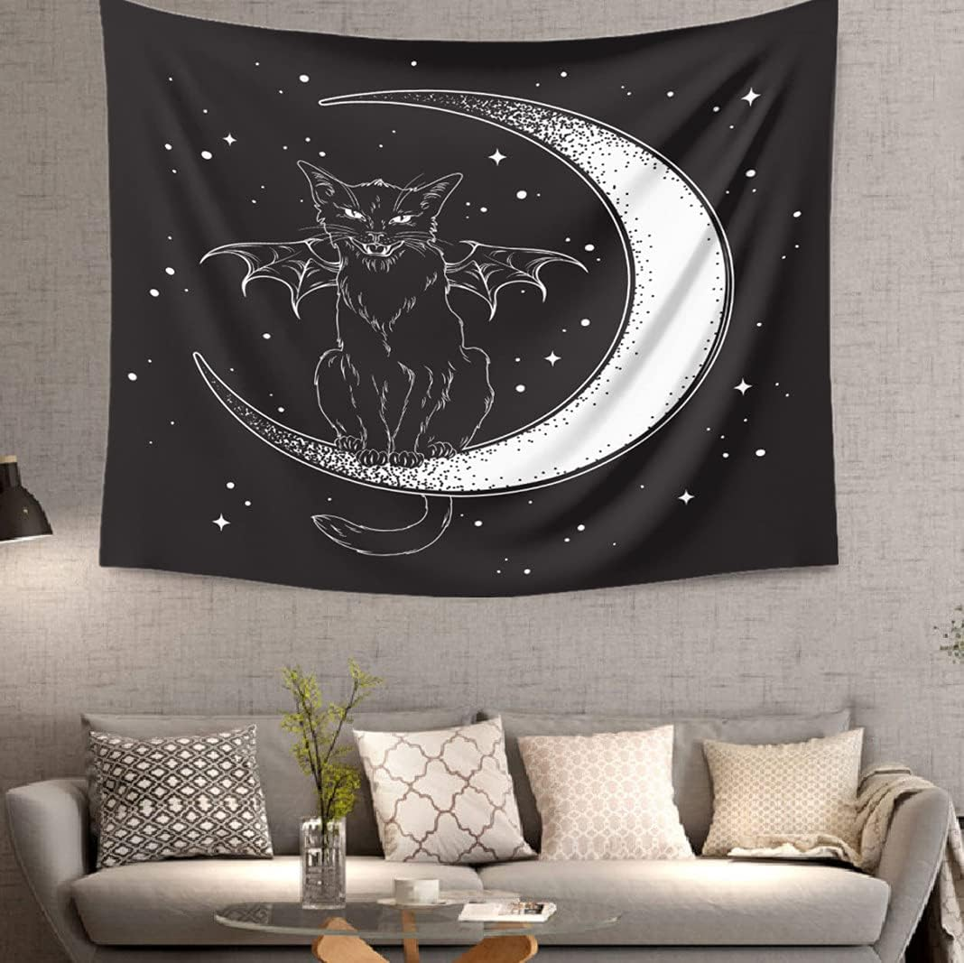 DYRLHZ Black and White Wing Cat on Moon Tapestry, Creepy Hippie Spooky Monster Wall Hanging Tapestry, for Living Room Bedroom Home Decor (59'' X 79'', Cat Bat) image number 6