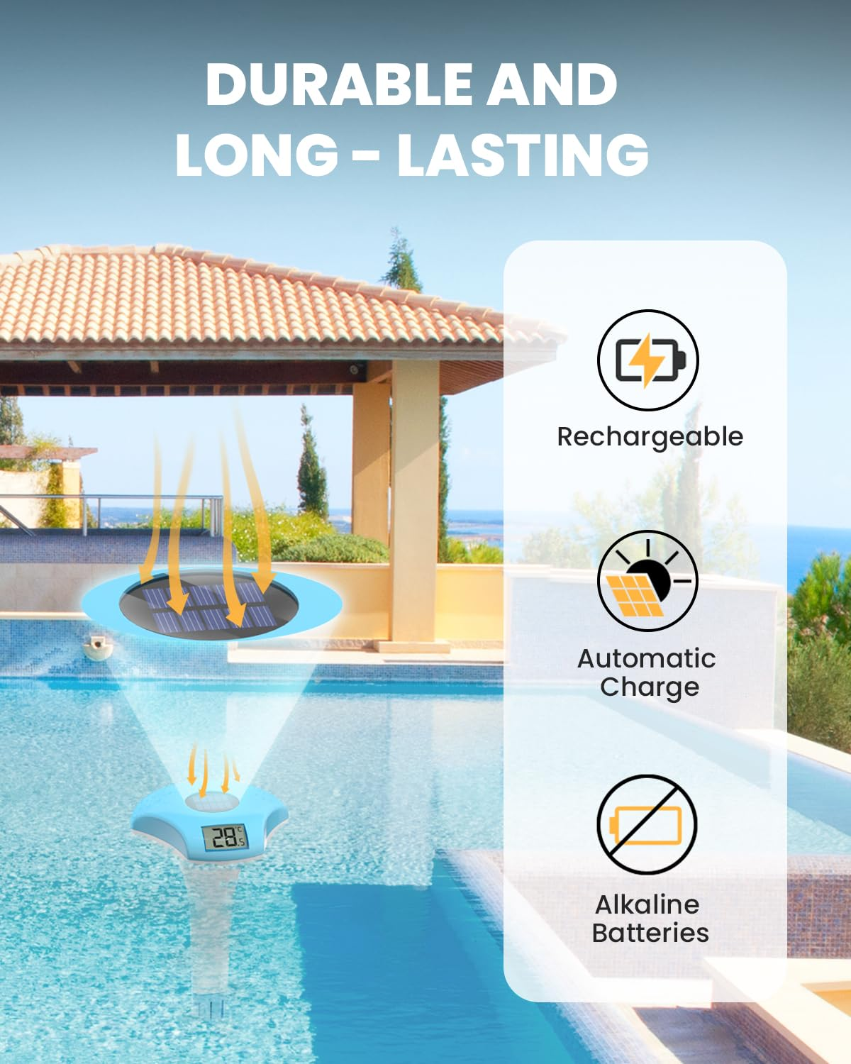 BALDR Pool Thermometer, Floating Digital, IPX8 Waterproof, Solar Powered, Easy Read, Blue - Blue image number 2