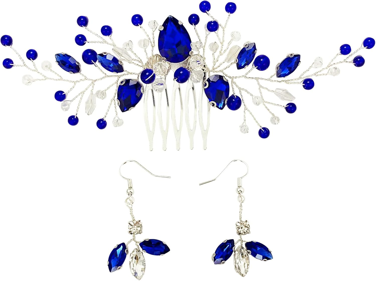 Bridal Crystal Hair Comb and Earrings Set Elegant Bride Wedding Hair Piece Accessories for Women Prom Party Photography (Royal Blue)