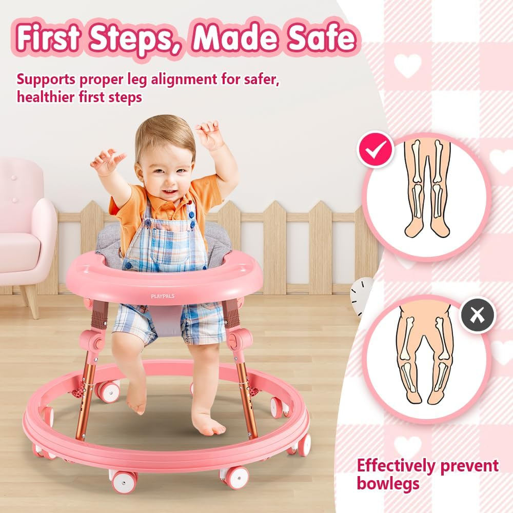 Playpals 3-In-1 Baby Walker for Boys and Girls 6-18 Months, Toddler Walker with Removable Footrest and Feeding Tray, Foldable & Adjustable Activity Walker for Toddler Infant - Pink - Pink image number 6