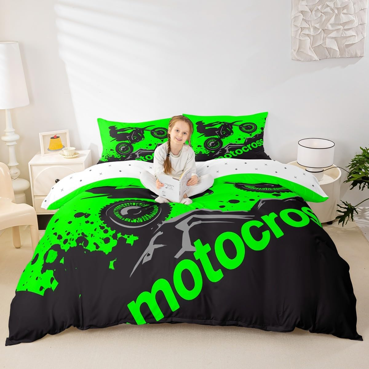 Dirt Bike Bedding Set Full Size Extreme Sports Comforter Cover Set for Boys Teens Racing Motocross Rider Duvet Cover Breathable Motorcycle Bedspread Cover Room Decor Green Black Quilt Cover image number 4