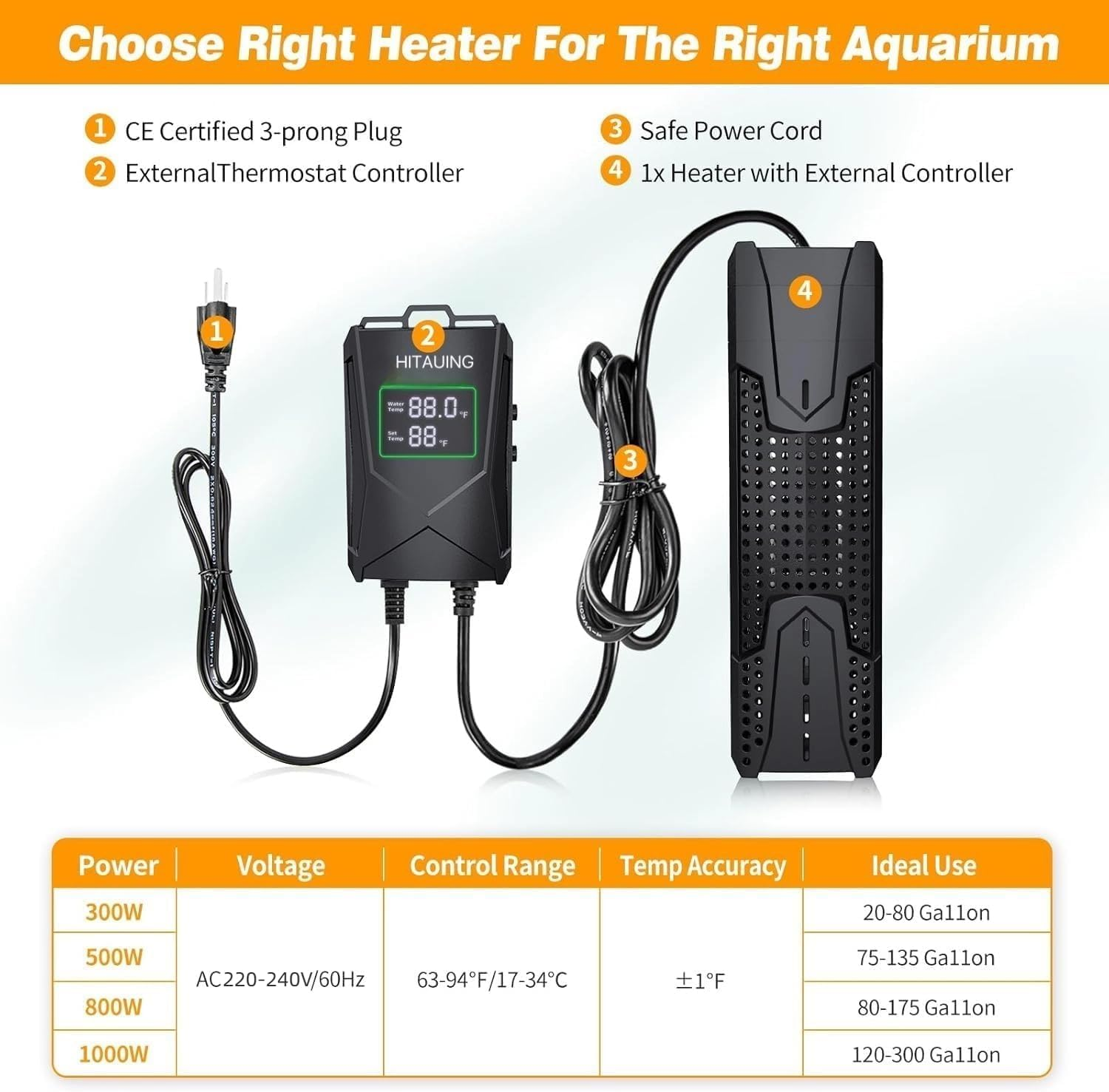 Aquarium Heater 800W for 80-175 Gal, Fish Tank Heater with Intelligent Leaving Water Automatica Stop Heating and Overheating Protection, for Freshwater & Saltwater (AU Plug) image number 2