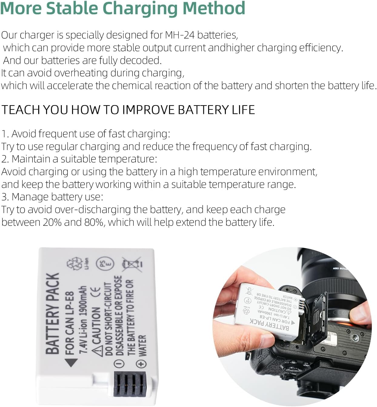 KWTOUL LP-E8 LC-E8E 1900Mah Li-Ion Batteries Compatible with Canon EOS Rebel T5I, T4I, T3I, T2I, EOS 550D, 600D, 650D, 700D, Kiss X4, Kiss X5, Kiss X6 Cameras image number 6