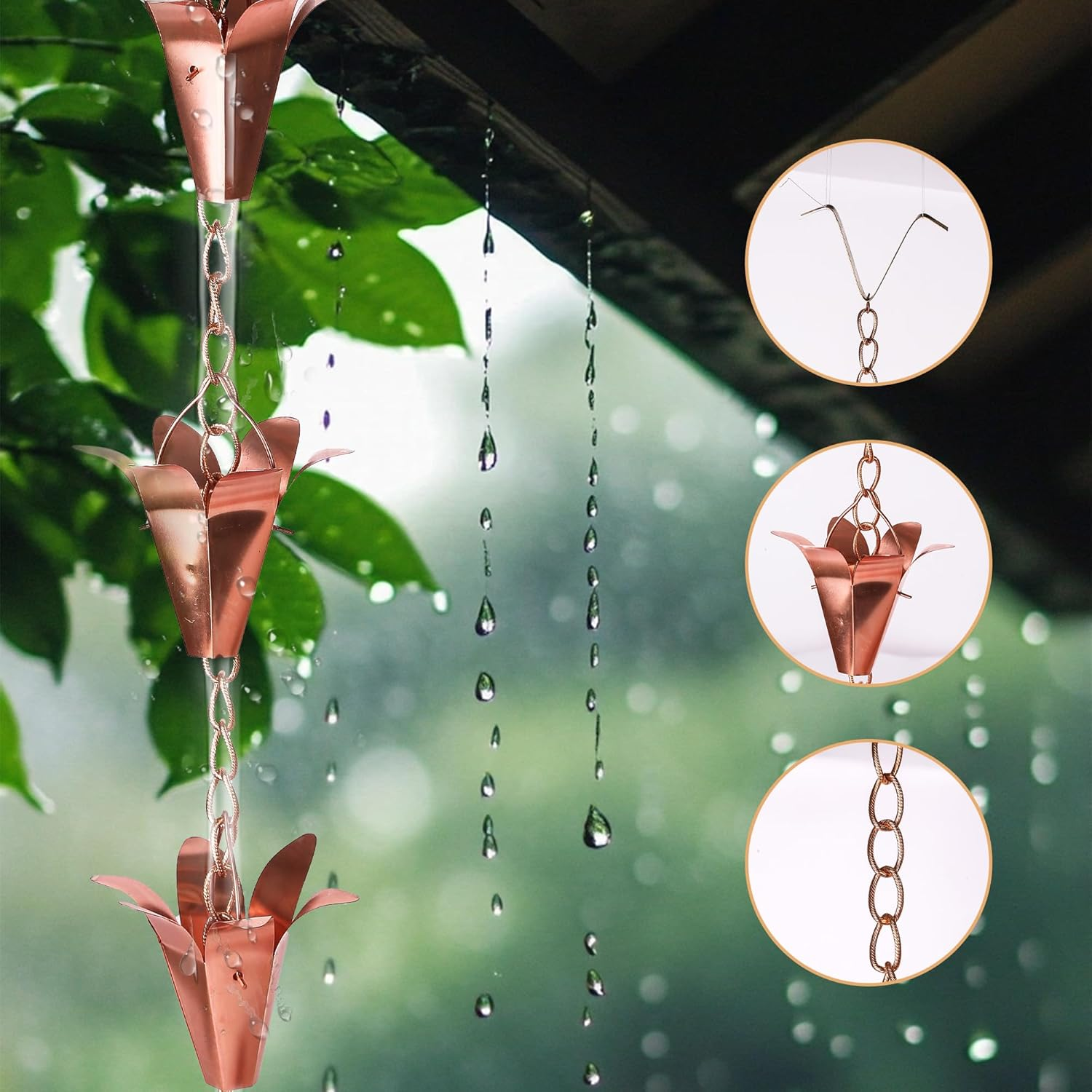 Topadorn Pure Copper Lily Rain Chain for Gutter, 8-1/2 Length image number 3