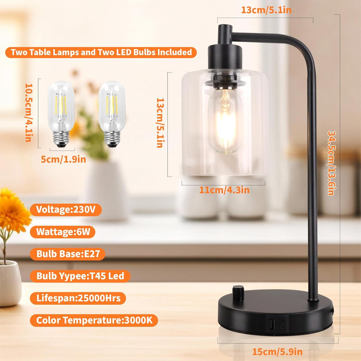 Set of 2 Industrial Stepless Dimmable Table Lamps with USB-A & USB-C Ports &ndash; Metal Base with Glass Shade Bedside Nightstand Lamps for Bedroom & Office