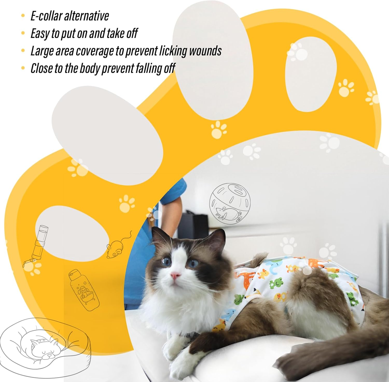 Supcomsta Cat Recovery Suit Female,Soft Kitten Onesie for Cats after Surgery,Elastic Collar Cat Clothes for Post-Surgery Skin Diseases Protection,Perfect Cone of Shame Alternative (L, Cute Animal) image number 4