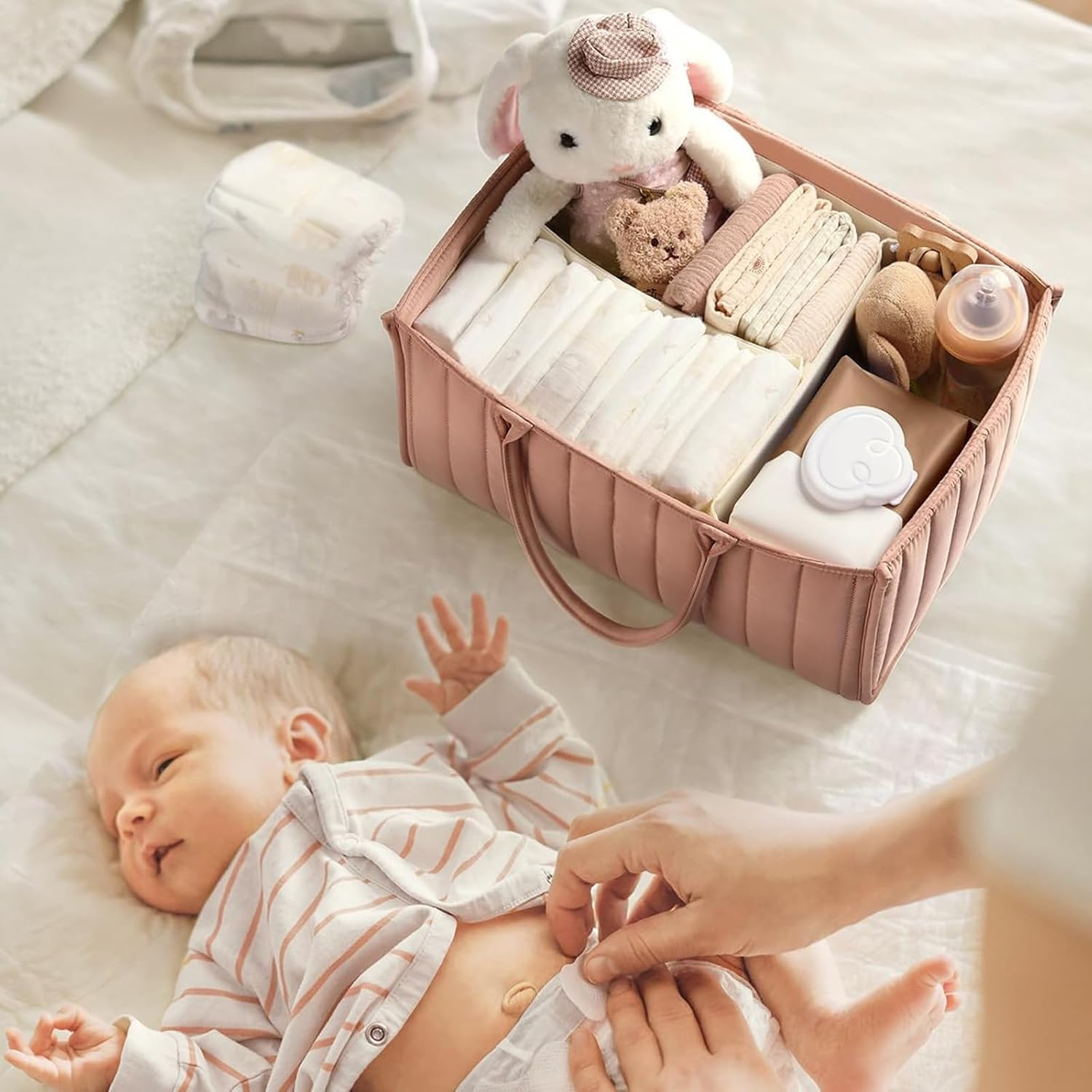 Nappy Caddy，Baby Diaper Caddy Organizer, Holds Wipes, Nappy Storage Basket, Portable Baby Organiser (Pink) image number 4