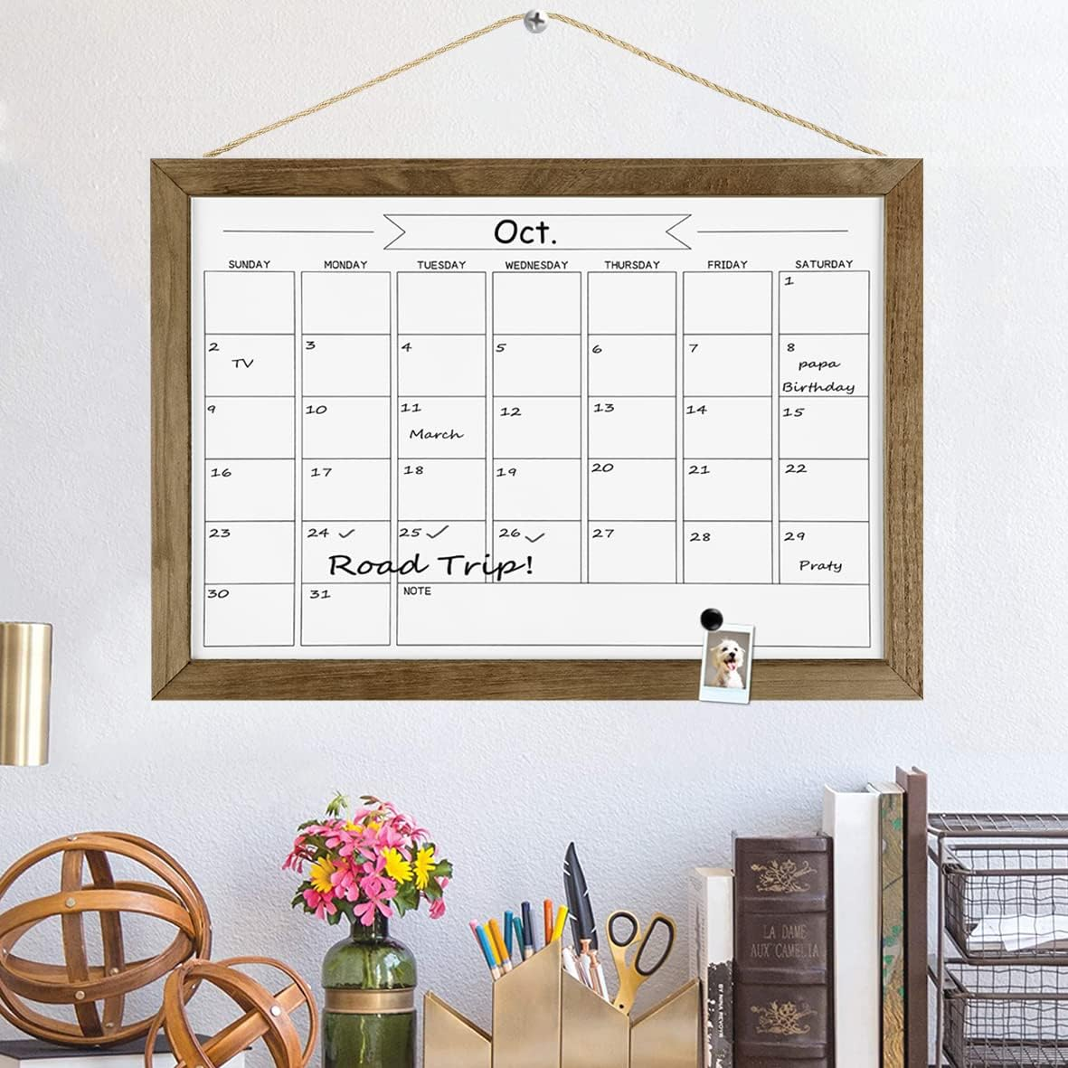 TORASO Dry Erase Monthly Calendar Board, Magnetic Whiteboard for Wall, Office/School/Home, Wood Frame Hanging Board for Kitchen Grocery List/Drawing/Memo, 10.5"X 14.5"(YL-RB-2737-B) image number 1
