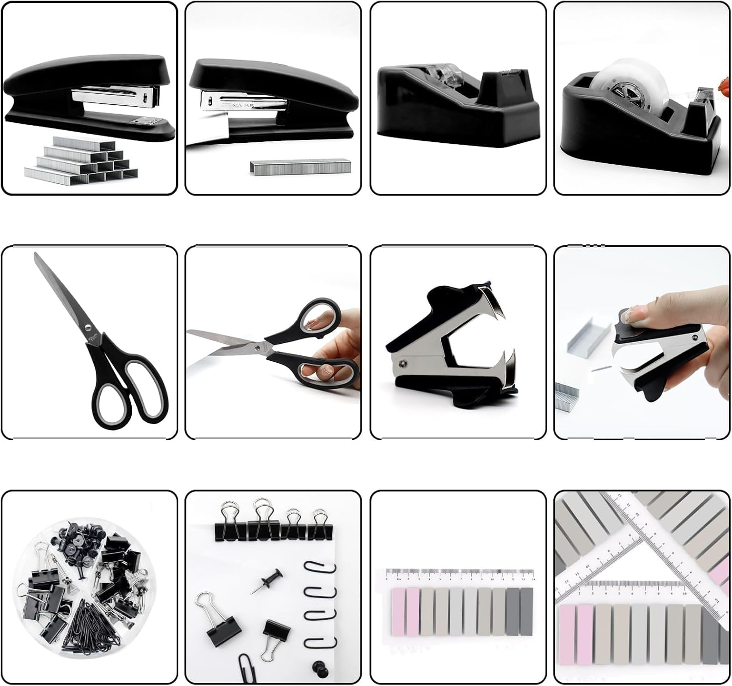 Bytebliss Black Desk Accessories Kit - Stapler, Tape Dispenser, Scissors, Clips & Tabs - Office, School & Travel - Classic Style image number 3