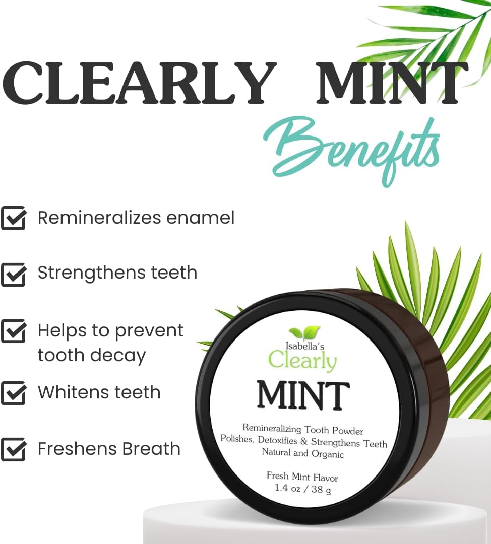 Isabella&rsquo;S Clearly MINT Remineralizing Tooth Powder | Teeth Whitening Natural Toothpaste Fluoride Free for Adults, Kids, Sensitive Gums | Xylitol, Baking Soda, Clay, Calcium (40G) image number 2