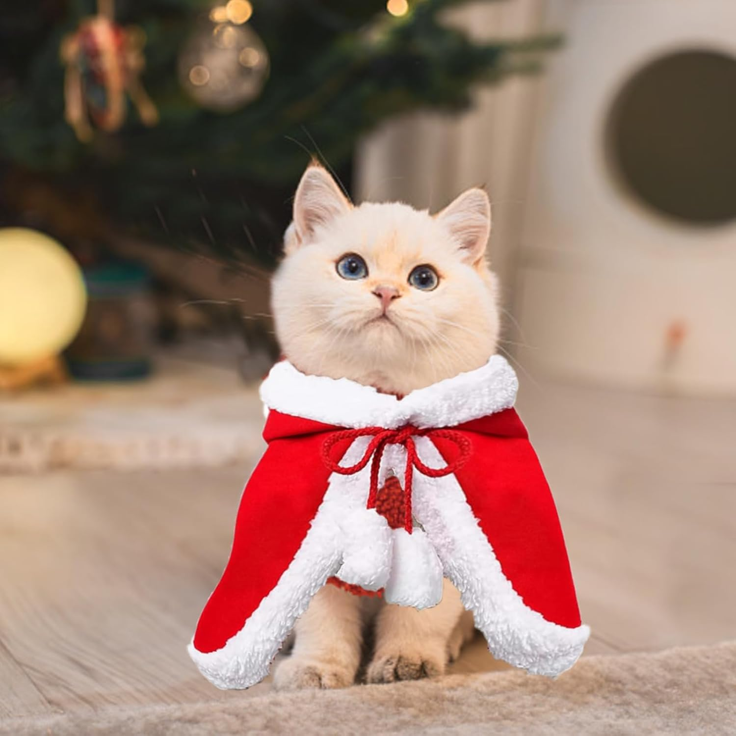 Cat Costume Christmas Costume Cats Dog Costume Red Plush Warm Christmas Clothing Pet Christmas Hat Adjustable Cape Christmas Party Winter Outfit image number 1