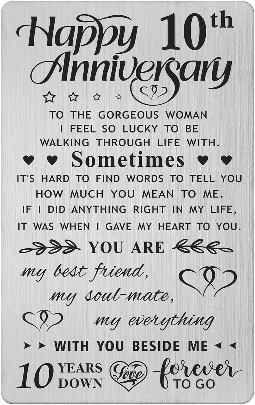 10Th Wedding Anniversary Card Gifts for Him Husband, Happy 10 Year Anniversary Card Presents for Men, Metal Engraved Wallet Card image number 1