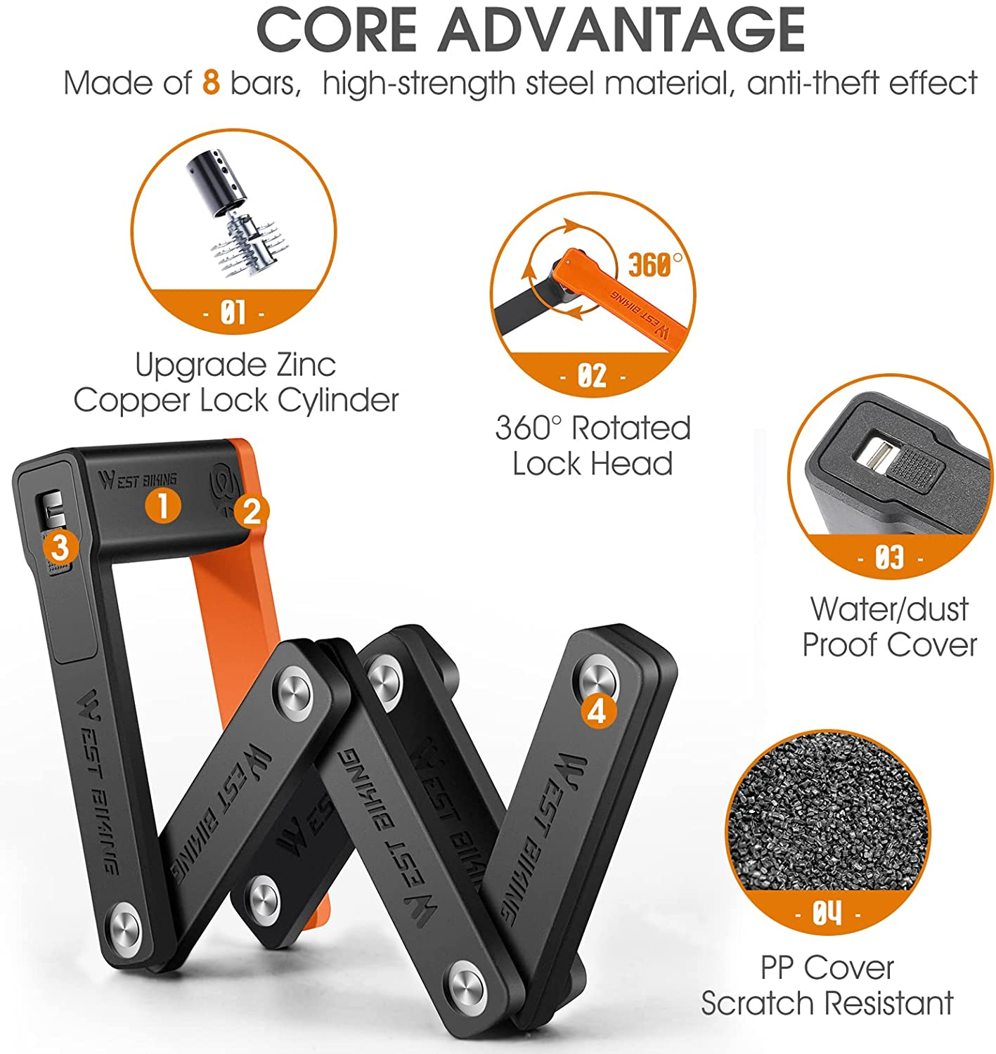 Compact Folding Bike Lock with 3 Keys, 2.06 Ft anti Theft Security Bicycle Locks, Super Strong Bicycle Security Chain Lock with Bracket for Electric Bikes/Scooters image number 3