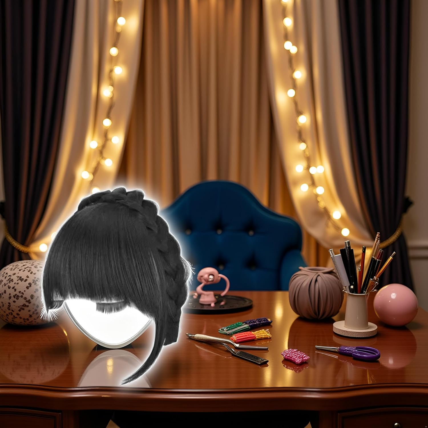 Wyjuan Black Fluffy Fake Hair Band Bangs with Sideburns, Heat Resistant Synthetic Wig, Trendy Braid Headband Hair Accessory, Invisible Band, One Size image number 6