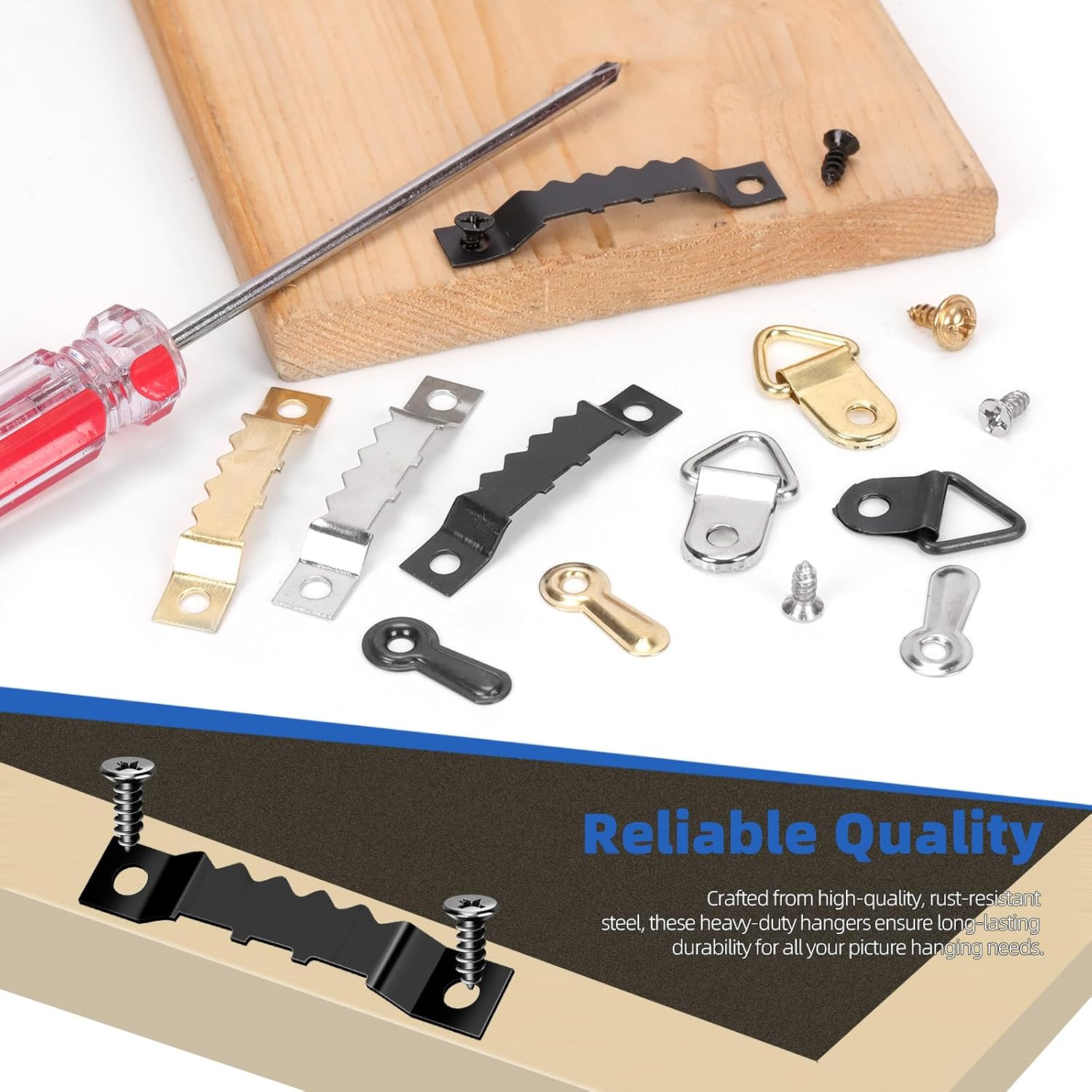 Glarks 401Pcs Silver Picture Hanging Kit, Include 50Pcs Sawtooth Picture Frame Hangers, 50Pcs Frame Turn Buttons, 50Pcs D Ring Picture Hangers, 250Pcs Screws and 1Pcs Screwdriver for Hanging Photo image number 1