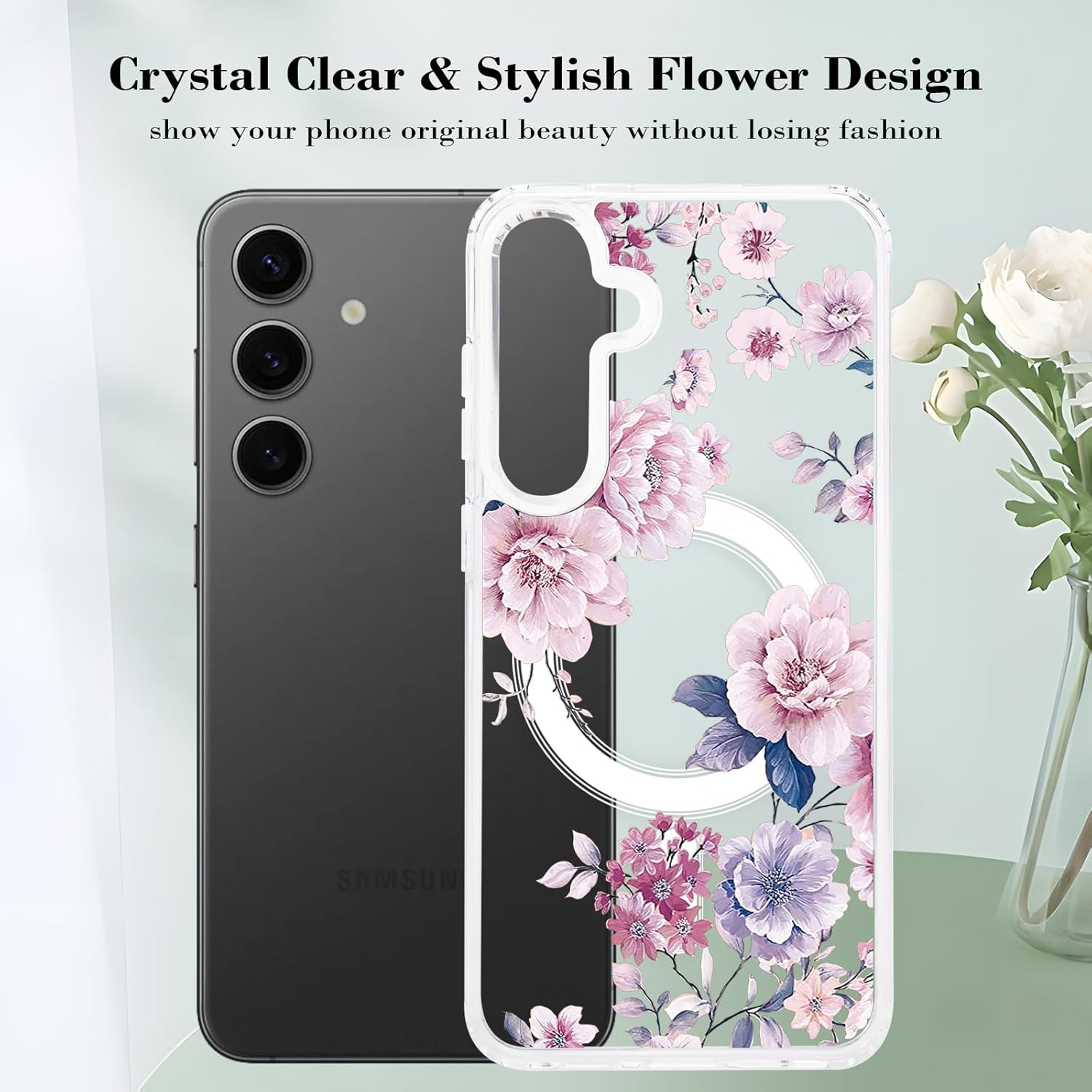 Tcaraersing for Samsung Galaxy S24 6.2" Magnetic Flower Case - Floral Pattern Shockproof Cover with Magsafe Compatibility, Slim Hard PC Back & Soft TPU Edge for Women & Girls, Peony image number 5