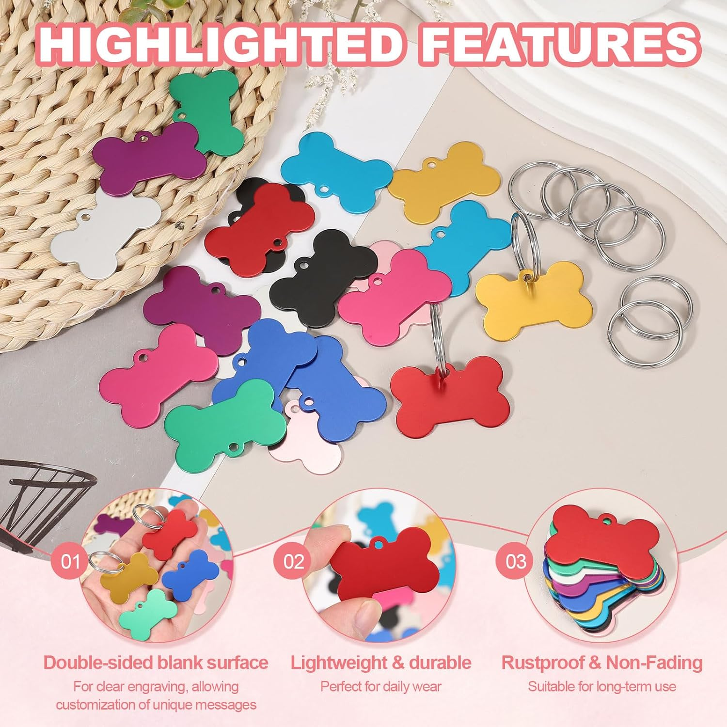 Uxcell Pet ID Tags, Personalized Dog Cat Tag Stainless Steel Aluminum Bone Shape Engraved Blank with Key Ring 38X25Mm, (Multicolor, 20 Pcs), Intended for Dog/Cat/Name/Pendant Crafts image number 2