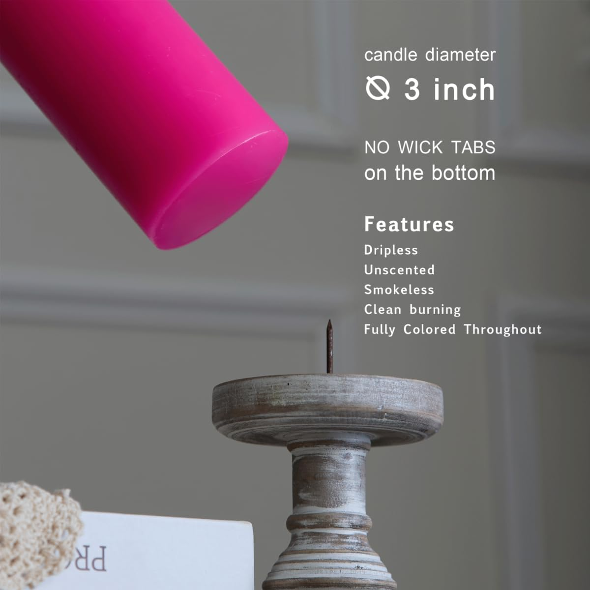 MOZEAL 3" X 4" Hand-Poured Unscented Hot Pink Candle, Dripless Fuchsia Pillar Candle Set of 3, Long Clean Burning, Approx 72 Hours Burn Time, Rustic Country Style, Home Decor image number 6