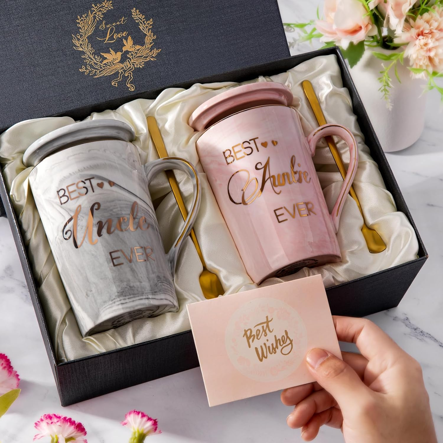 Best Aunt Uncle Ever Coffee Mug, Auntie Cup Uncle Mug, Christmas Birthday Gifts for Aunt and Uncle, Mothers Fathers Day Presents for Uncle Aunt from Nephew Niece, 14Oz Marble Gold Print Mug, Pink Grey