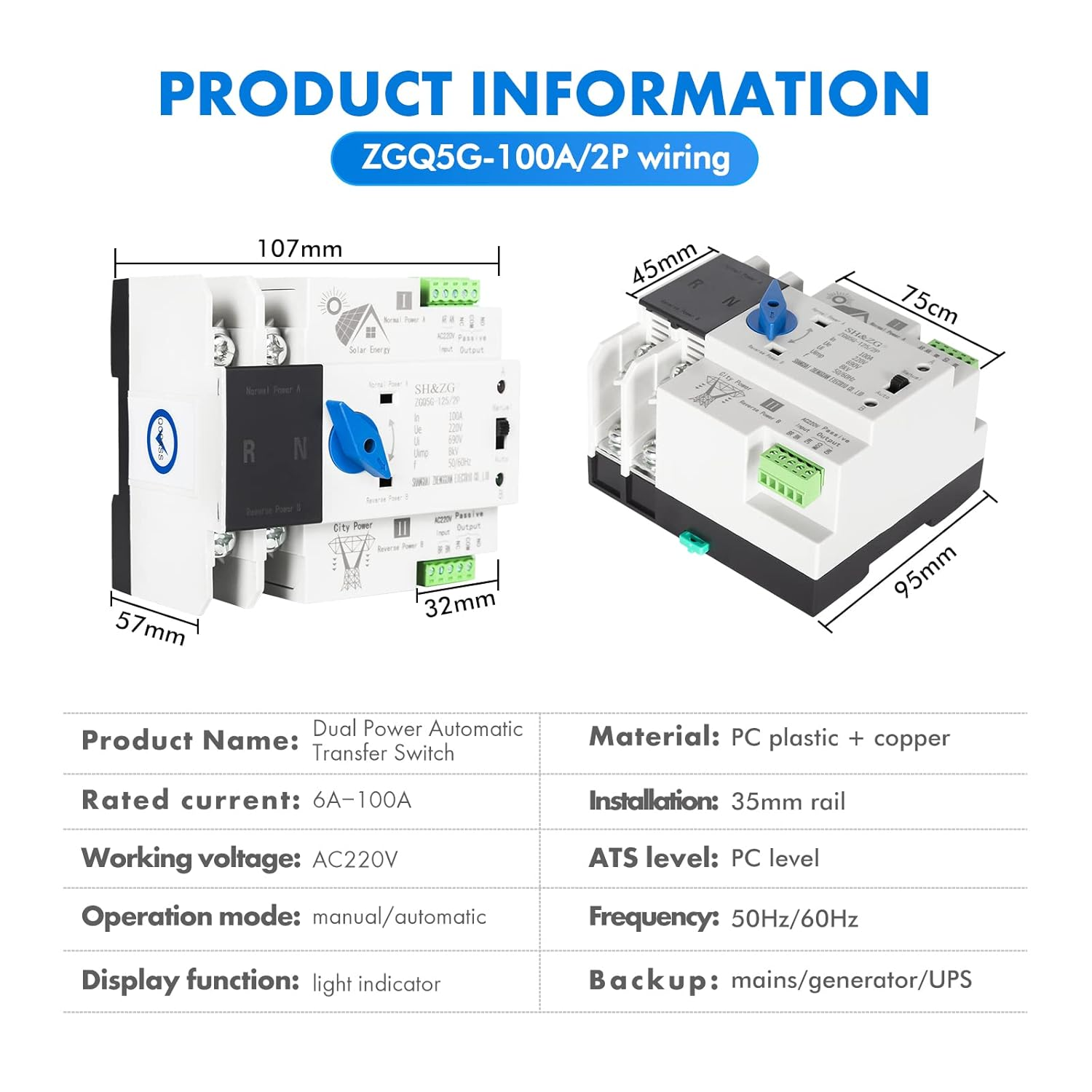 Victool Dual Power Automatic Transfer Switch 2P, AC 220V Photovoltaic Uninterrupted Power Switch, High Sensitive Response Electronic Circuit Breaker Changeover Switch image number 6