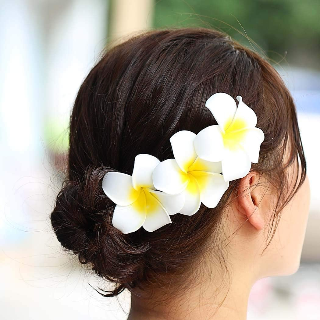Hawaiian Frangipani Plumeria Clips and Hair Clips Foam Head Flower Party Beach Hair Clips Hair Accessories Pack of 2 (White and Pink) image number 6
