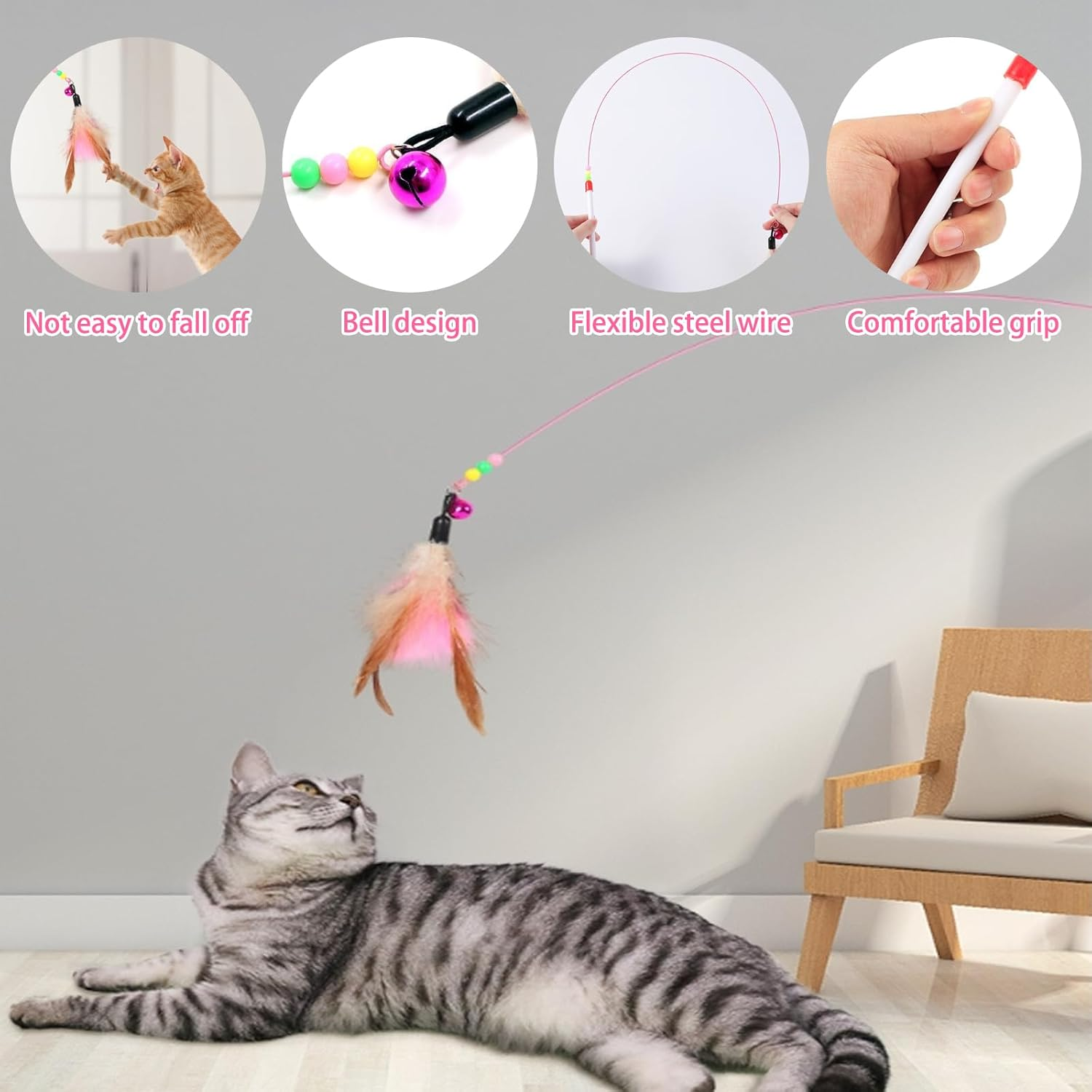 RANYAKE 2Pcs Feather Teaser Cat Toy, Cat Feather Toys, Interactive Cat Catcher and Exerciser Wand, Cat Teasing Sticks with Bells and Feathers, Comes with a Replaceable Feather Toy, Cat Accessories image number 4