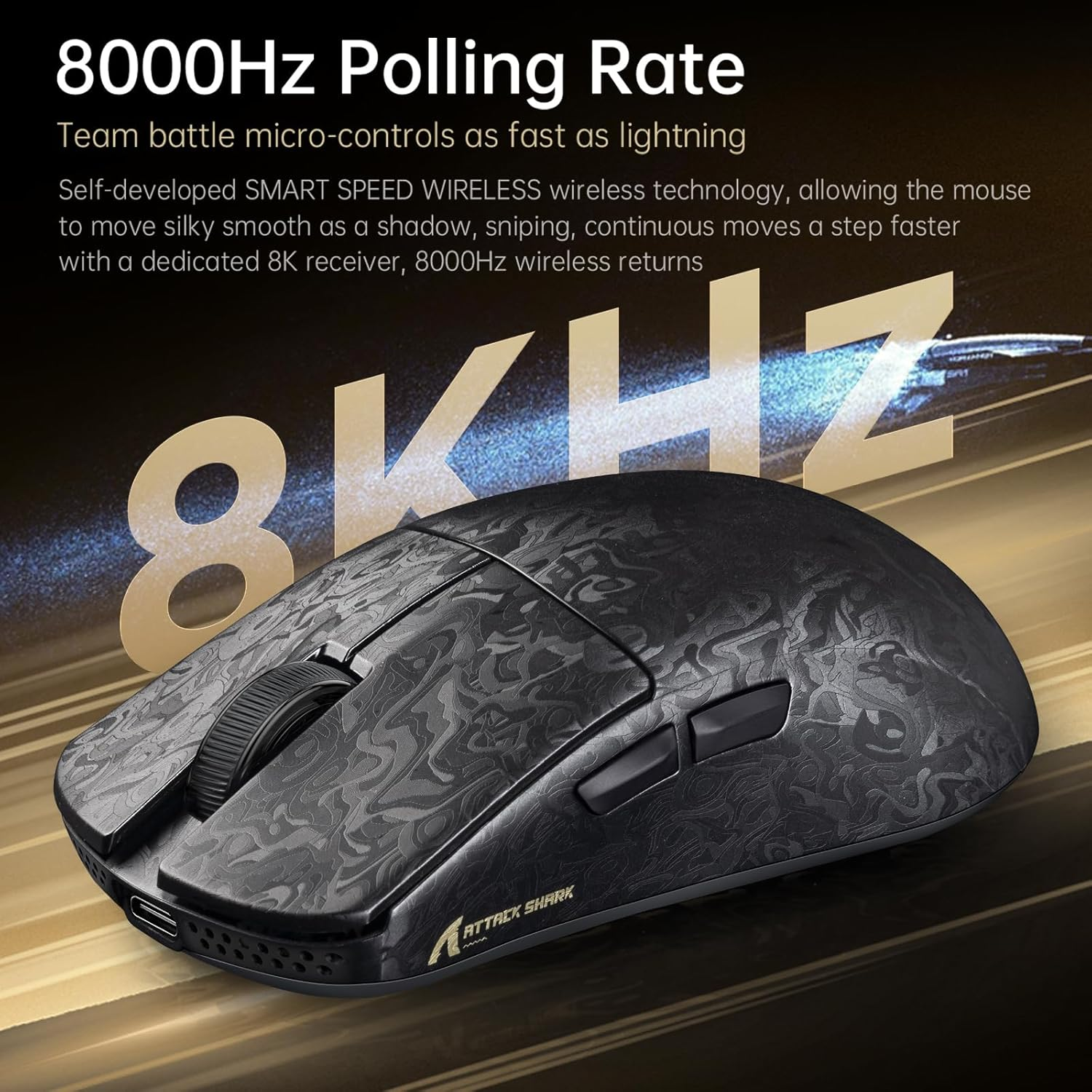 ATTACK SHARK R11 Ultra 8K Carbon Fiber Wireless Gaming Mouse with 42000DPI-PAW3950 MAX Sensor-49G Lightweight,Nordic 52840 MCU Chip,Wired/Bt/2.4Ghz Programmable,Rgb Coiled Cable for Pc(Black Ink+Tape) image number 2