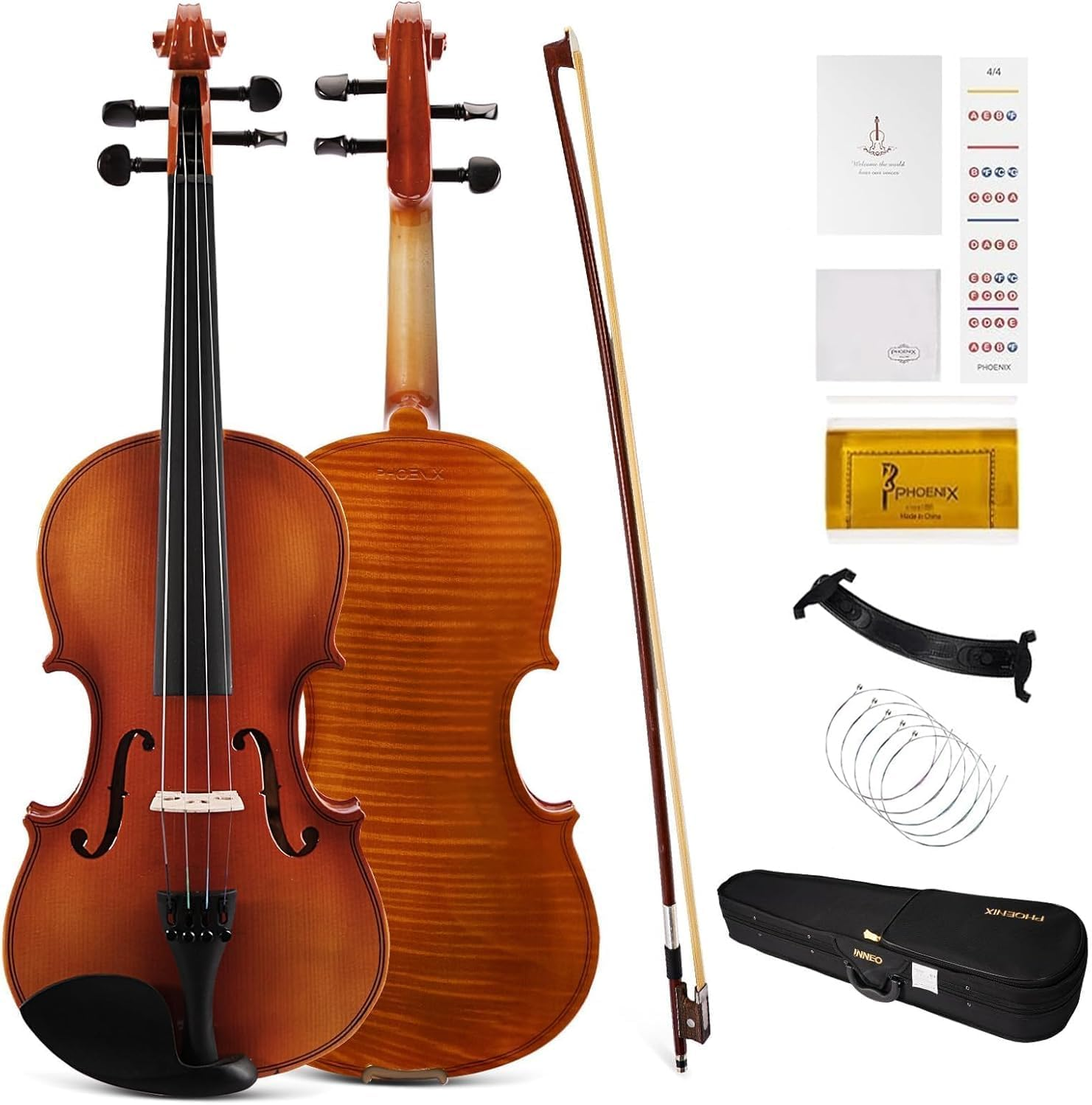 PHOENIX Violin 4/4 Full Size Kit, Violin Fiddle Set for Beginner Adults Student with Rosewood Bow, Extra Strings, 1 Rosin, Case, Fingerboard Stickers, Shoulder Rest (Full) image number 5