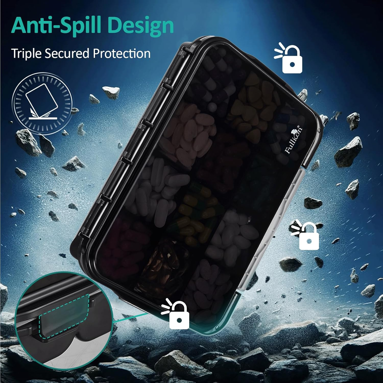 Fullicon Daily Travel Moisture Proof Pill Case with 12 Extra Large Compartment, Pill Organizer with 3 Secured Buckles, Large Supplement Box for Vitamin with Removable Dividers (Black) image number 6