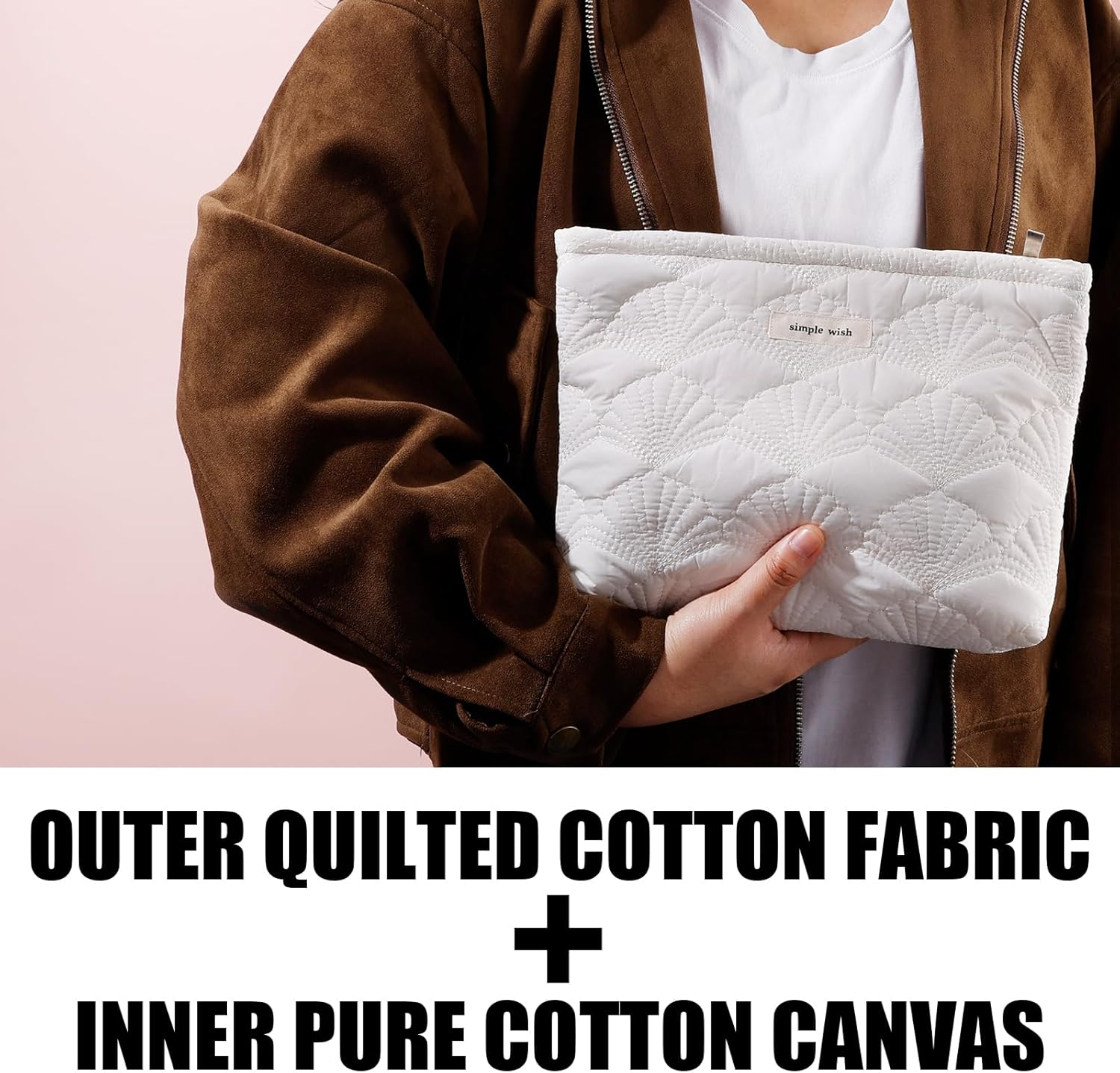 Gosknor Quilted Makeup Bag, Portable Cosmetic Bag White Cotton Emergency Kit Bag Quilted Cotton Aesthetic Cute Travel Makeup Pencil Pouch with Shell Patterns for Women, White, M image number 5