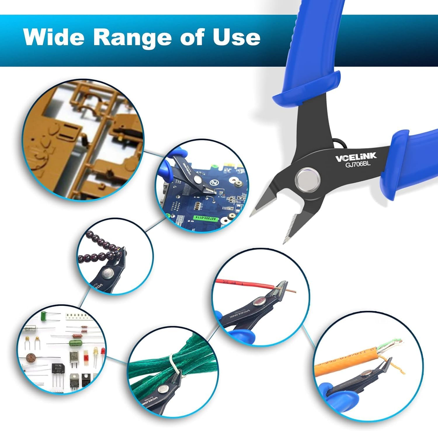 VCELINK Small Wire Cutter Spring-Loaded GJ706BL, Precision Flush Cutter Pliers Diagonal Cutters for Electronics, Jewelry Making, Model Craft and 3D Printer, 5-Inch image number 3