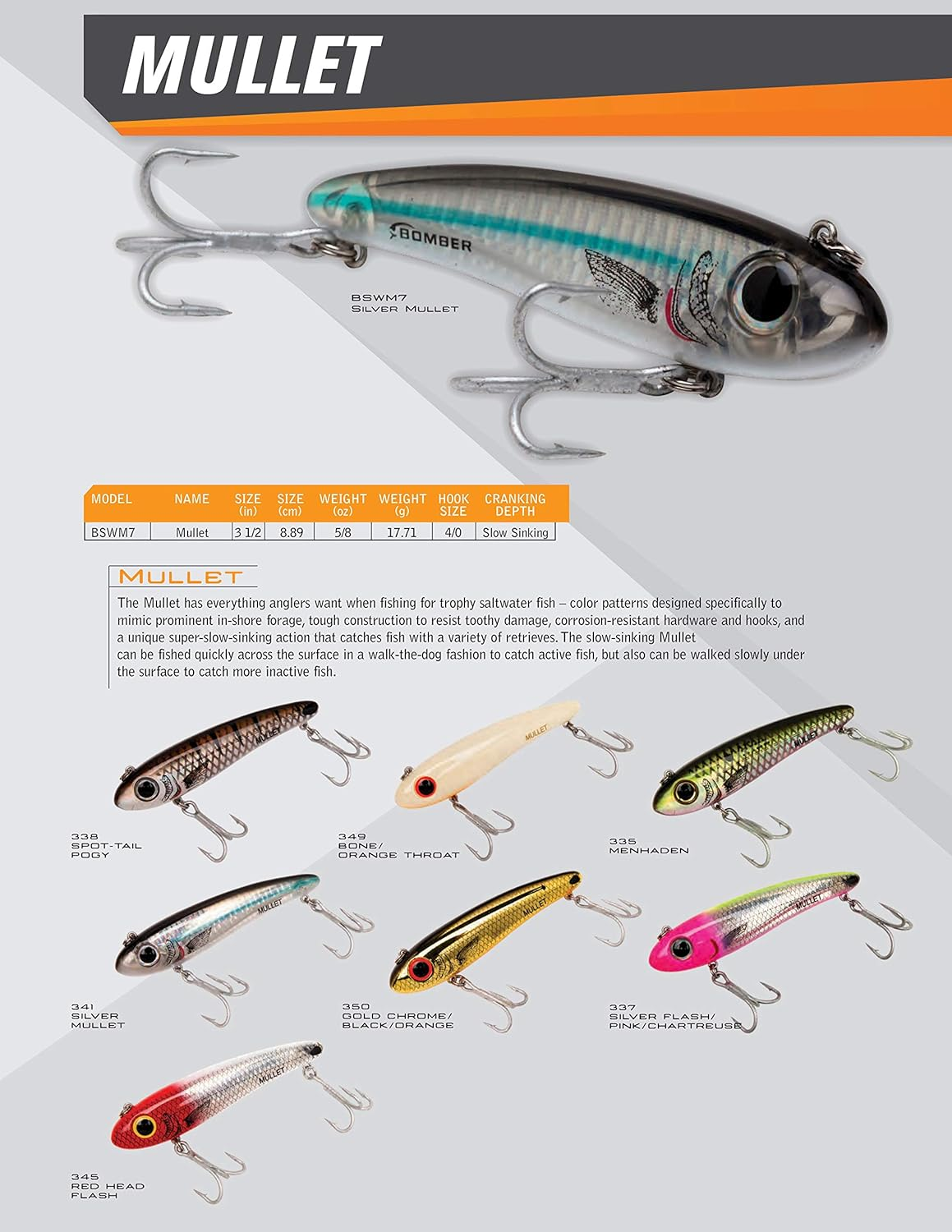 Bomber Lures Mullet Slow-Sinking Twitch/Walking Saltwater Fishing Lure - Excellent for Speckled Trout, Redfish, Stripers and More, 3 1/2 Inch, 5/8 Ounce image number 3