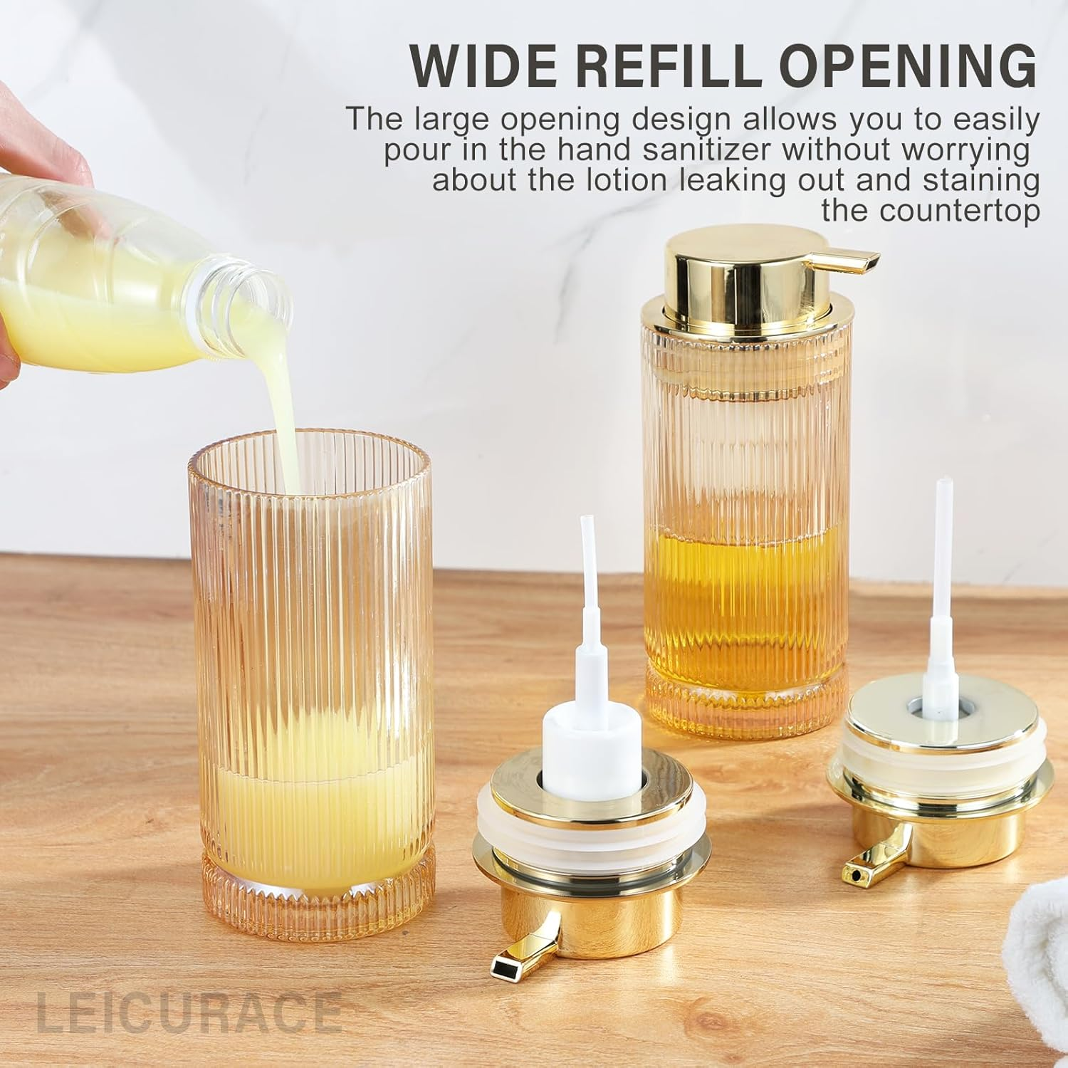 LEICURACE Glass Liquid Soap Dispenser, Refillable Liquid Dispenser with Gold Pump, Hand Soap Dispenser for Bathroom Kitchen, Modern Home Bathroom Decor （Liquid Type/Gold） A031-004-AU