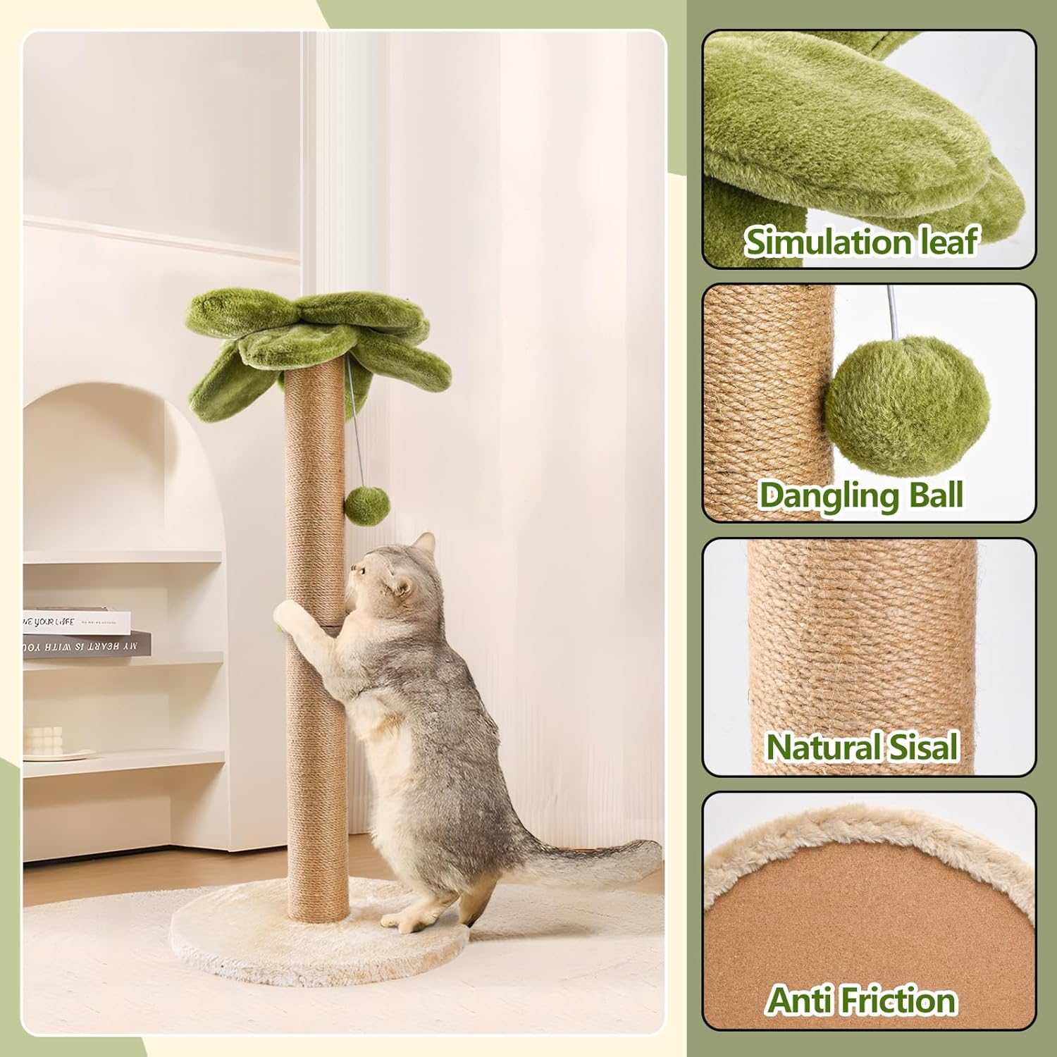 LIFLIX Palm Tree Cat Scratching Post, Sturdy 86Cm Tall Sisal Scratch Post with Interactive Dangling Ball, Cute Cat Scratcher for Indoor Adult Cats image number 5
