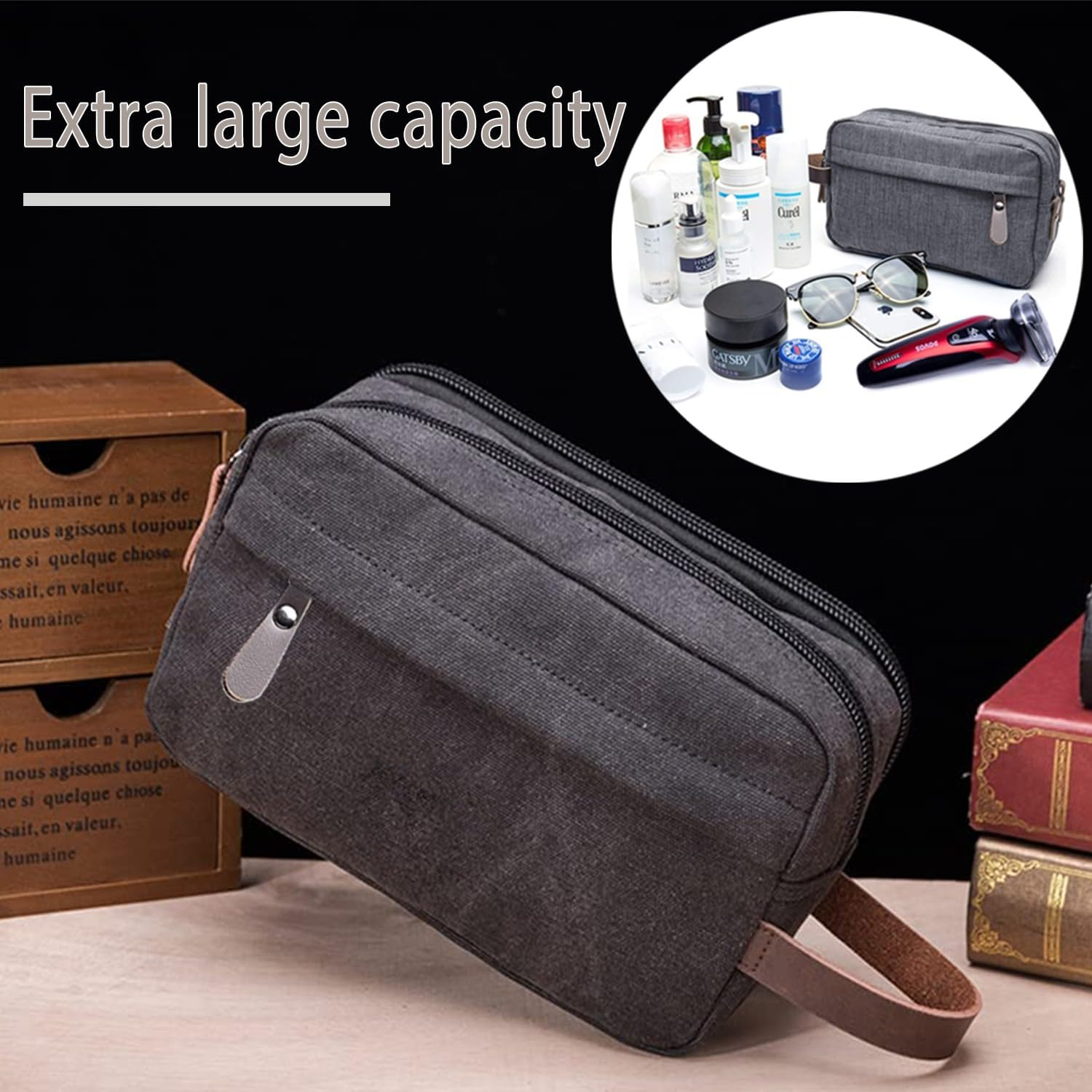 Men'S Travel Toiletry Bag,Portable Travel Organizer,Travel Razor Bag, Women'Stoiletries Canvas Cosmeticbag, Cosmetic Accessoryorganizer, Individualcompartments Withhandles, Black