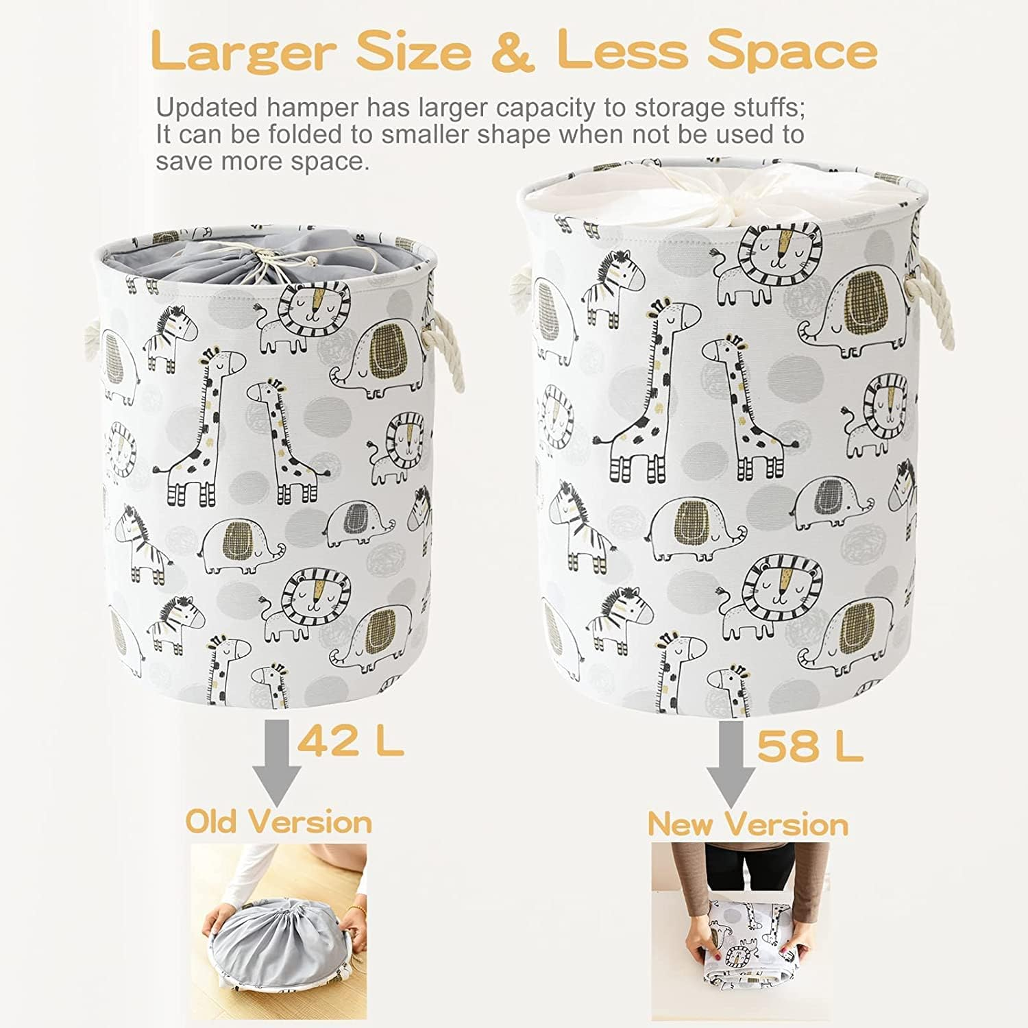 Inough Extra Large Baby Basket for Nursery, 58L Kids Laundry Basket Baby Room Decor, Waterproof Canvas Clothes Hamper Toy Box for Boys Laundry Hamper Foldable Toy Storage Baskets with Handles - Coffee Color image number 2