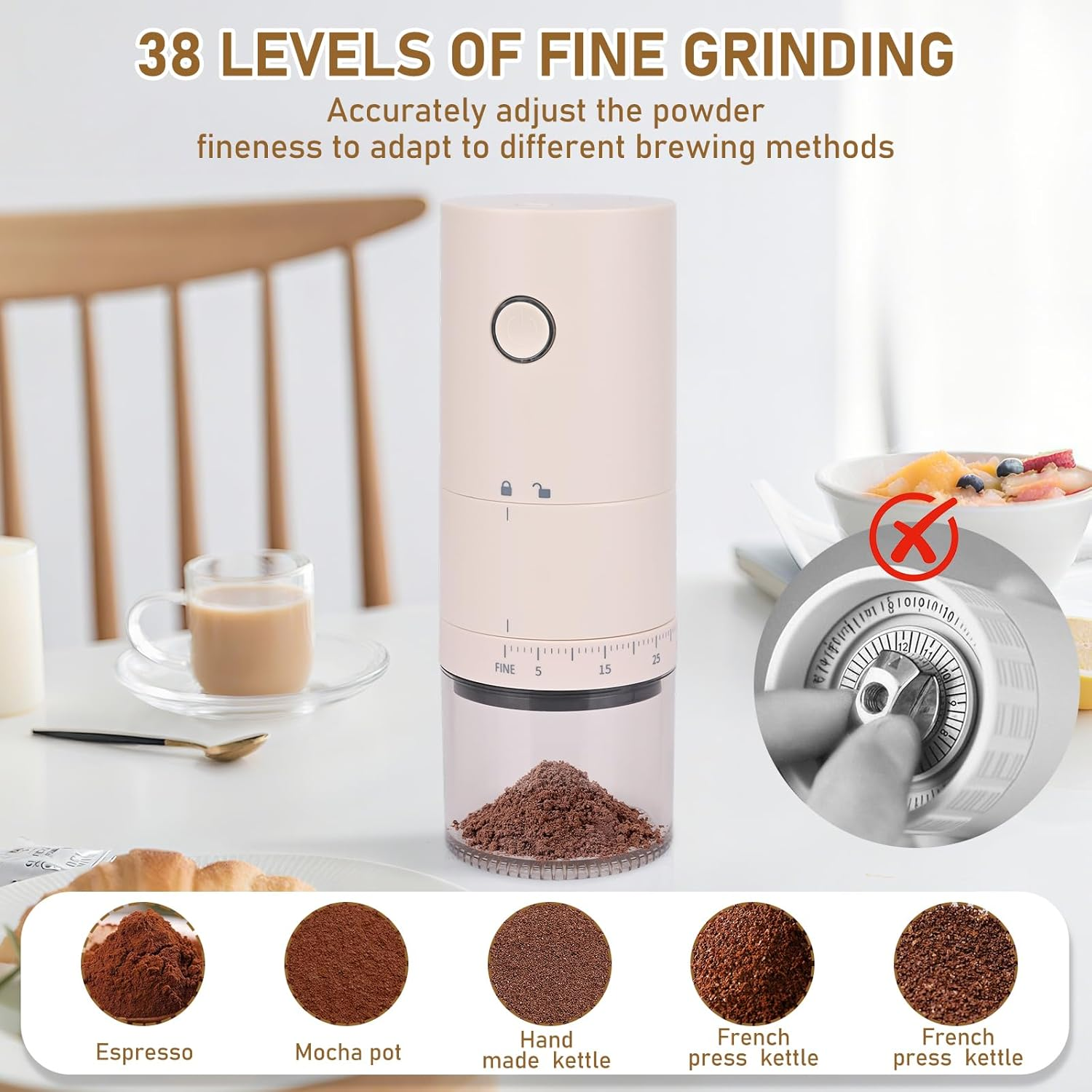 Rechargeable Coffee Grinder, Electric Coffee Grinder, Portable Small Coffee Grinder, Rechargeable, 38 Coarse Grain Setting, Espresso Coffee Grinder for Travel, Camping (Cream) image number 5