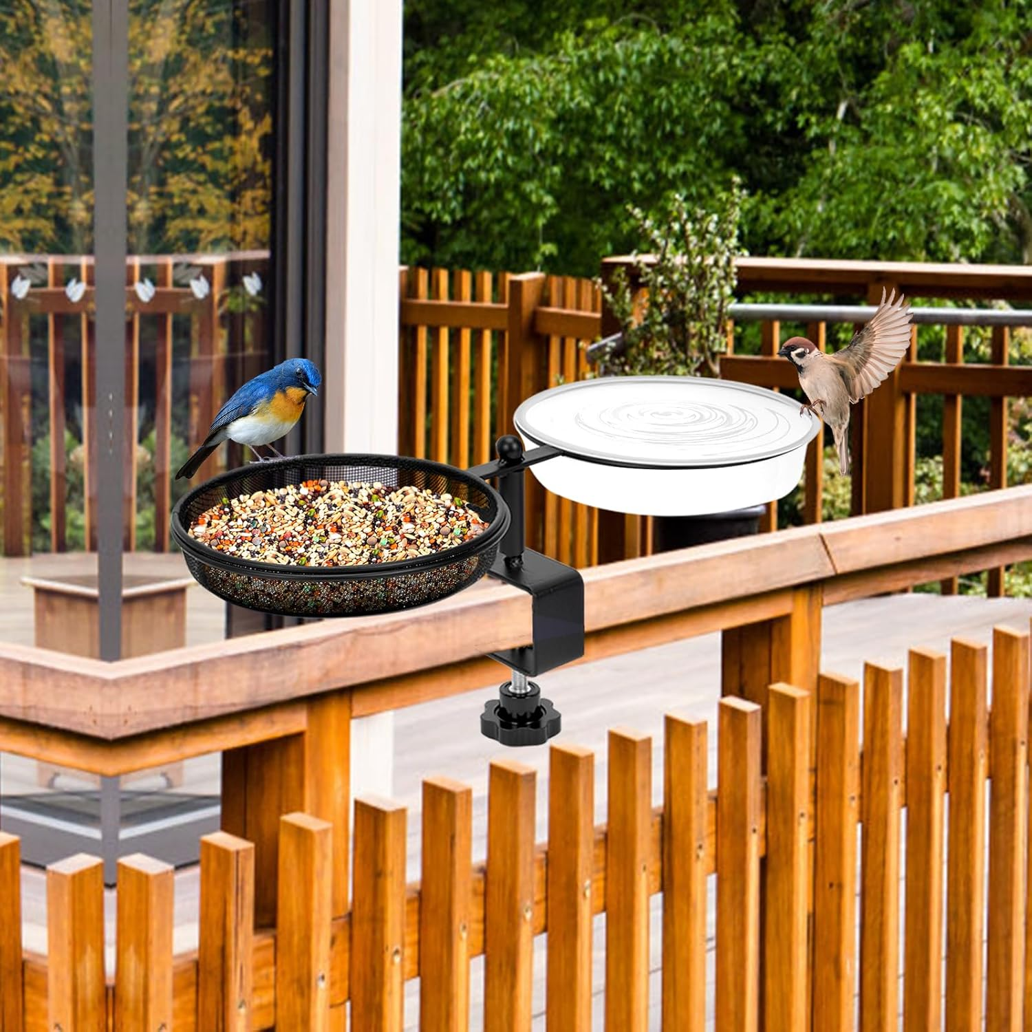 Mosegor 2 in 1 Bird Feeder Deck Mount, Bird Feeding Stand Detachable Bowl Wild Bird Water Food Container Station for Garden Yard Outdoor Balcony Decoration (Round2) image number 6