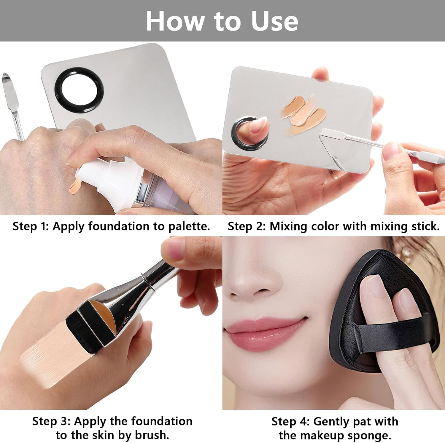 Wowled Pack of 4 Makeup Brush Set - Thin Flat Foundation Brush, Makeup Sponge Cosmetic Puff, Stainless Steel Mixing Palette & Spatula - Smooth & Flawless Application (Silver, Pack of 4 Pieces) image number 5