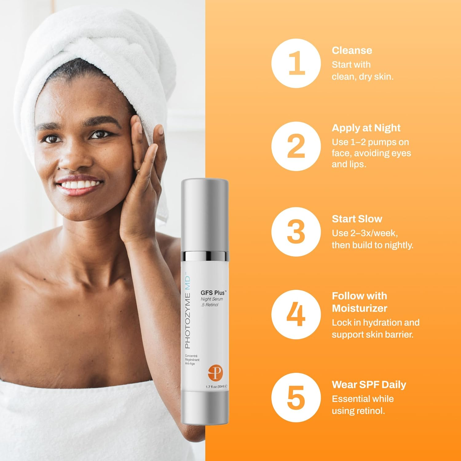 Photozyme DNA Repair Enzymes GFS plus Facial Night Serum | 0.5% Retinol for Aging Skin, Beauty Skincare Treatment for Fine Lines, Wrinkles, Acne Scars | UV Dark Spot Corrector, Non Irritating | 1.7 image number 4