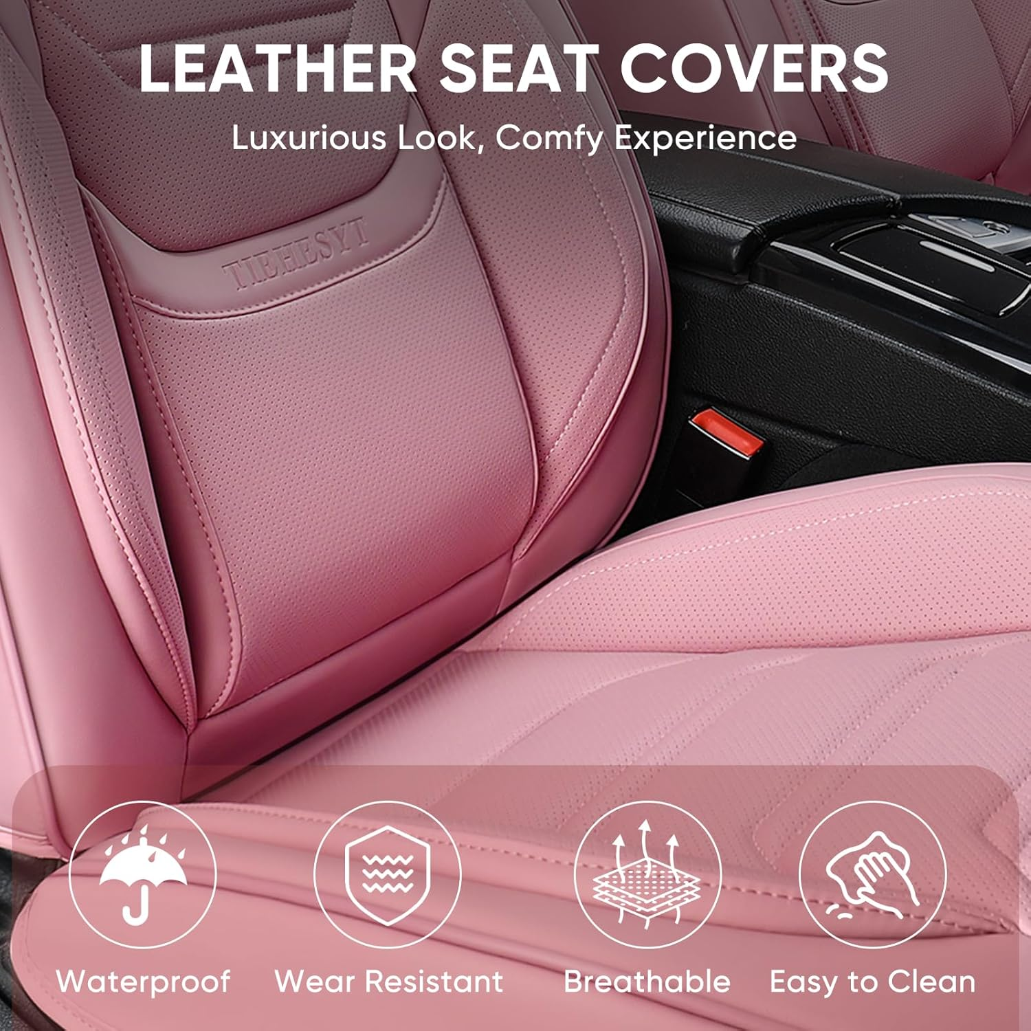 TIEHESYT Pink Car Seat Covers Front Pair, Breathable Leather Automotive Front Seat Covers & Headrest, Auto Seat Cover, Compatible with Most Cars Sedans SUV Pickup Trucks image number 7