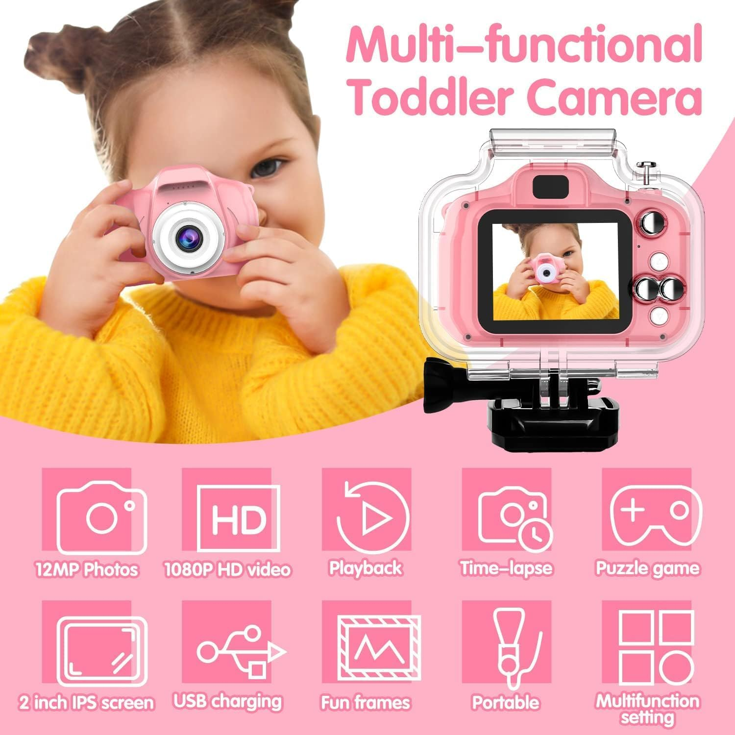 Seckton Kids Camera Waterproof for Girls 3-12 Year Old Children'S Day Birthday 1080P Children Digital Camera Underwater HD Video Toddler Camera Toys 2 Inch Screen with 32GB Card (Pink) - Pink image number 4