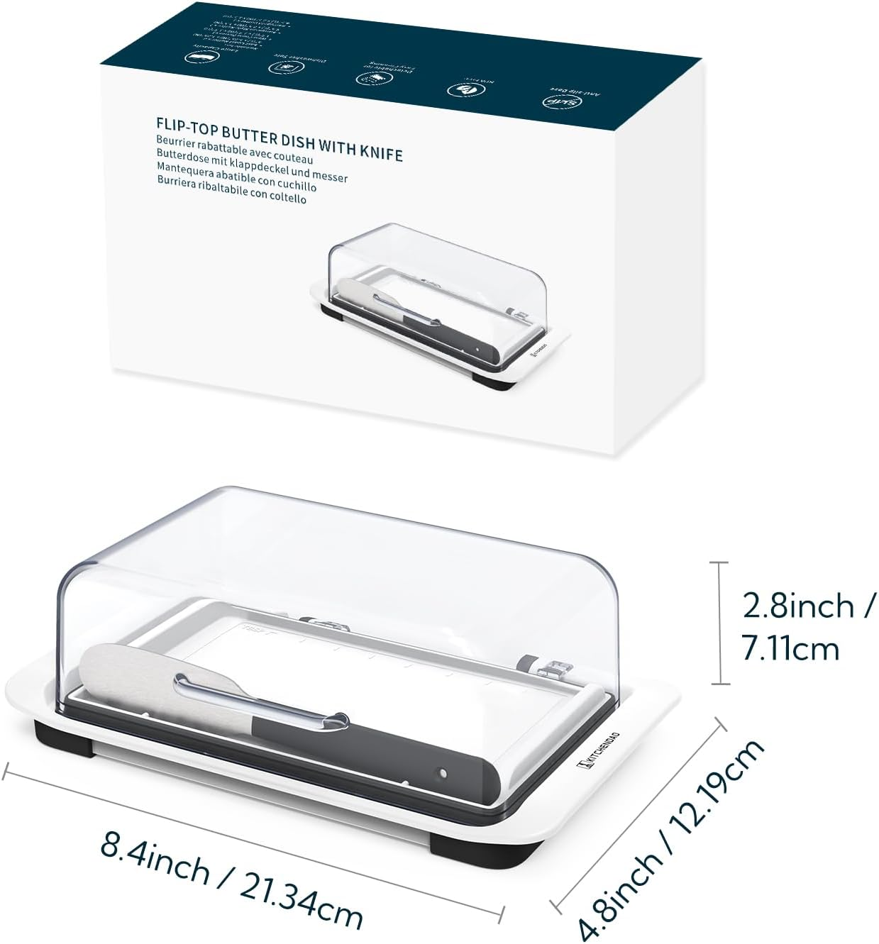 KITCHENDAO Airtight Flip-Top Butter Dish with Lid and Knife Spreader for Countertop and Refrigerator,Plastic Butter Holder Tray for 2 Sticks East Coast/West Coast/European Style/Kerrygold Butter image number 3