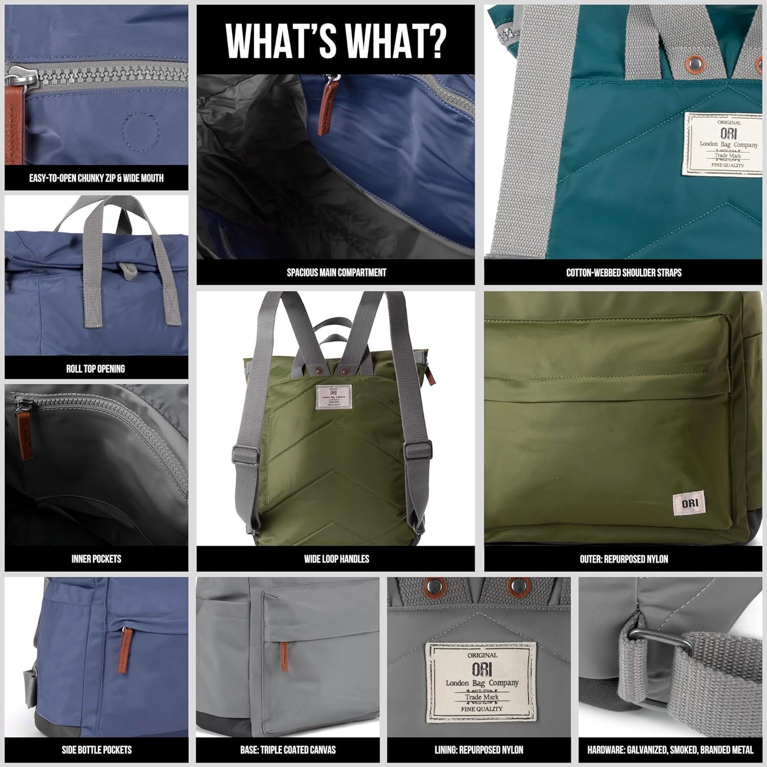 ORI LONDON Rolltop Backpack for Men & Women - Medium Nylon Travel Backpack for Laptop & Accessories - the Canfield image number 5