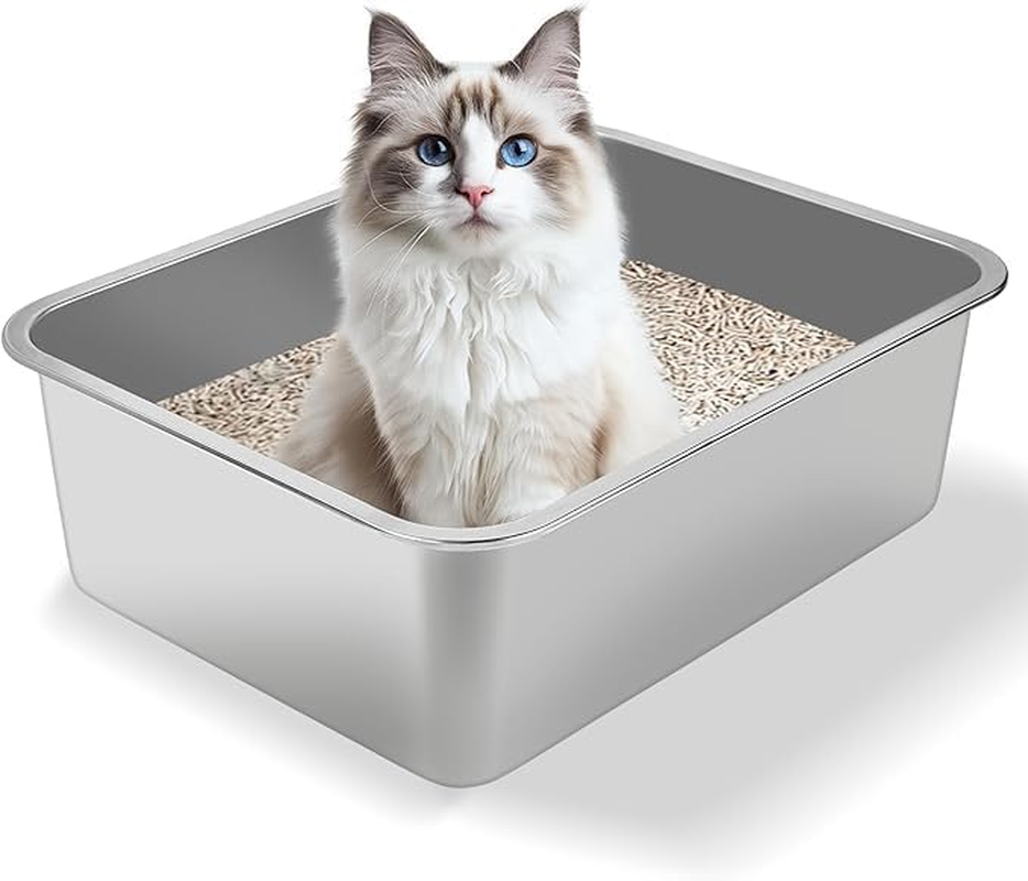 Stainless Steel Cat Litter Box, Odorless Metal Cat Toilet with High Sides, Rustproof Pan Tray for Big and Small Cats, Rabbits, Easy Clean Non Stick Smooth Surface (45Lx35Wx15H) image number 6