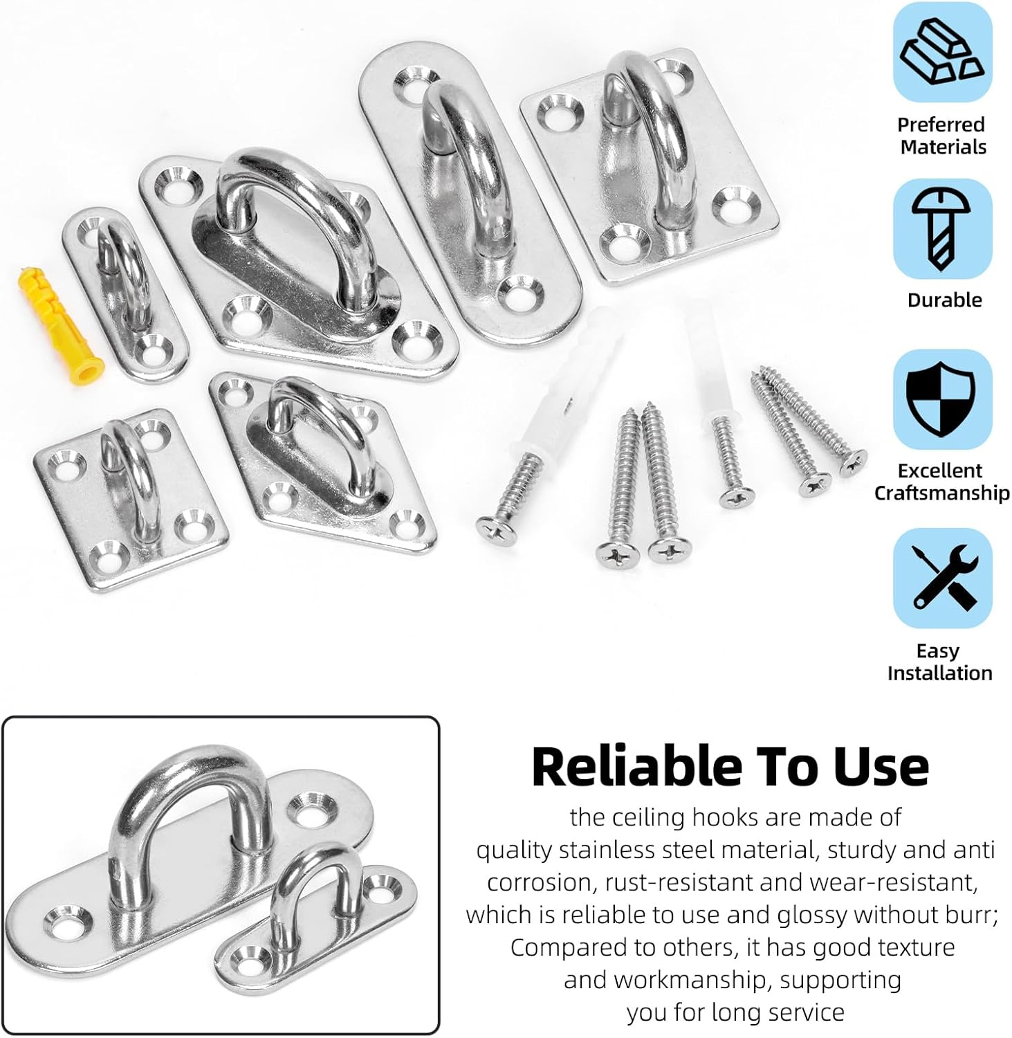 Glarks 20Pcs M5 Stainless Steel Pad Eye Plate Hook Kit, Oval Eye Plate U Hooks Heavy Duty Ceiling Hooks and Carabiner Clips Snap Hook for Ceiling and Mounting Hanging Hardware