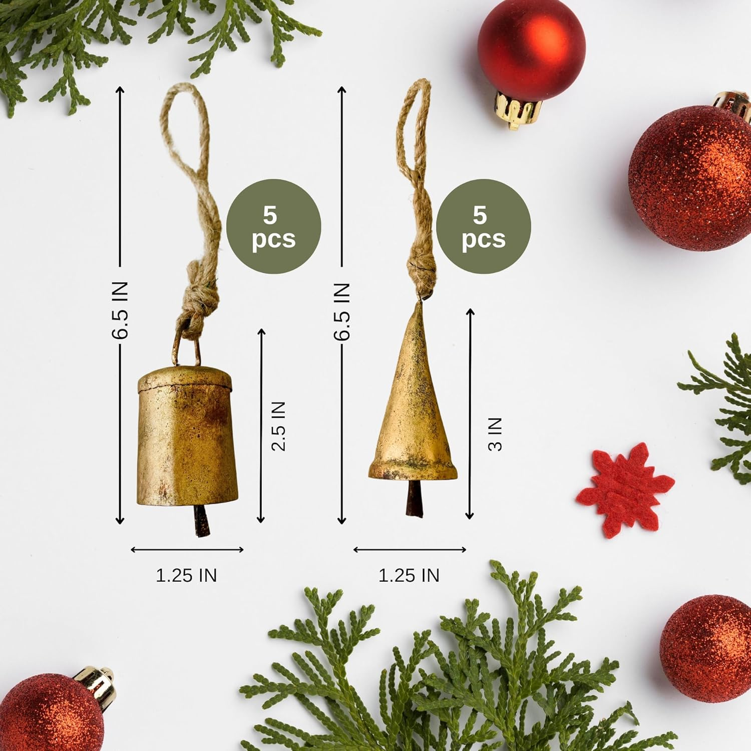 Mie Creations Set of 10 Rustic Vintage Christmas Bells, Tin Bells on Jute Rope, Decorative 7Cm Jingle Bells for Crafts, Christmas Tree Ornaments, Handmade Metal Hanging Mini Cowbells- Antique Gold image number 3